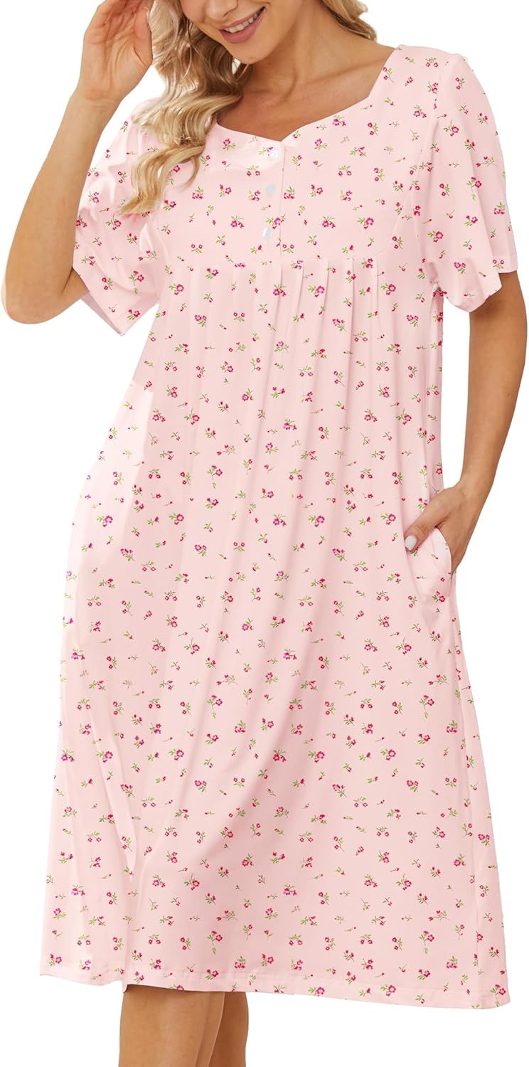 VTUOFC House Dresses for Women with Pockets Floral Cotton Nightgowns Short Sleeve Moo Moos for Women Mumu Moomoo Dress