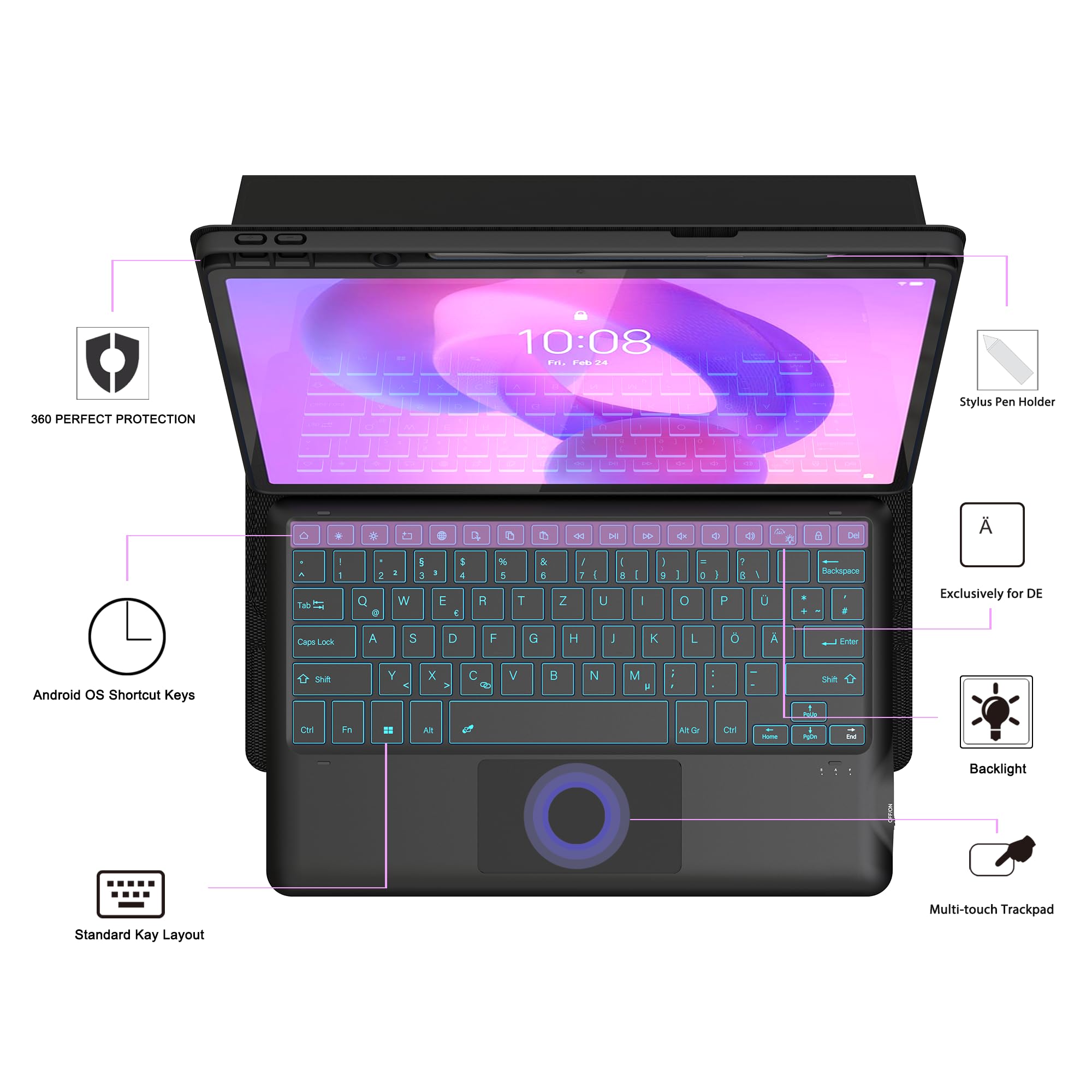Für Lenovo Idea Tab Pro Tablet 12.7" Hülle mit Tastatur - 7 Farben Beleuchtung Abnehmbare Trackpad Cover - Beleuchtete Deutsches QWERTZ Layout Tastatur mit Stifthalter für Lenovo Idea Tab Pro 2025