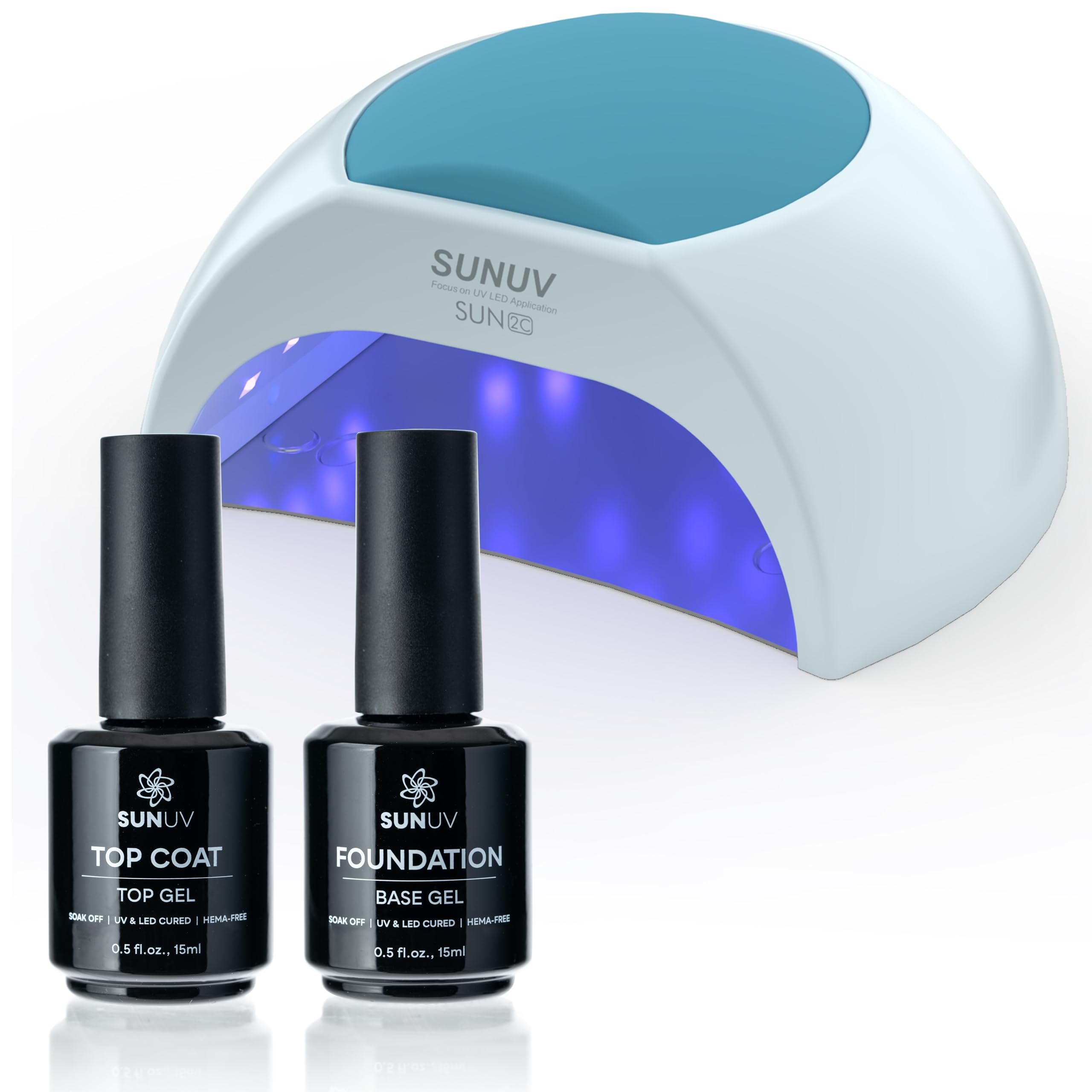 SUNUV 48W UV Light for Nails, 15ml Top and Base Coat Gel Polish Set Home and Salon Use SUN2C Blue