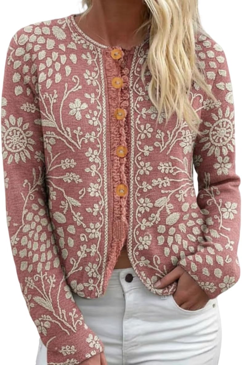 Women's Unique Aztec Pattern Print Sweatshirt, Multicolor Tribal Design Crew Neck Button-Down Cardigan for Daily Wear