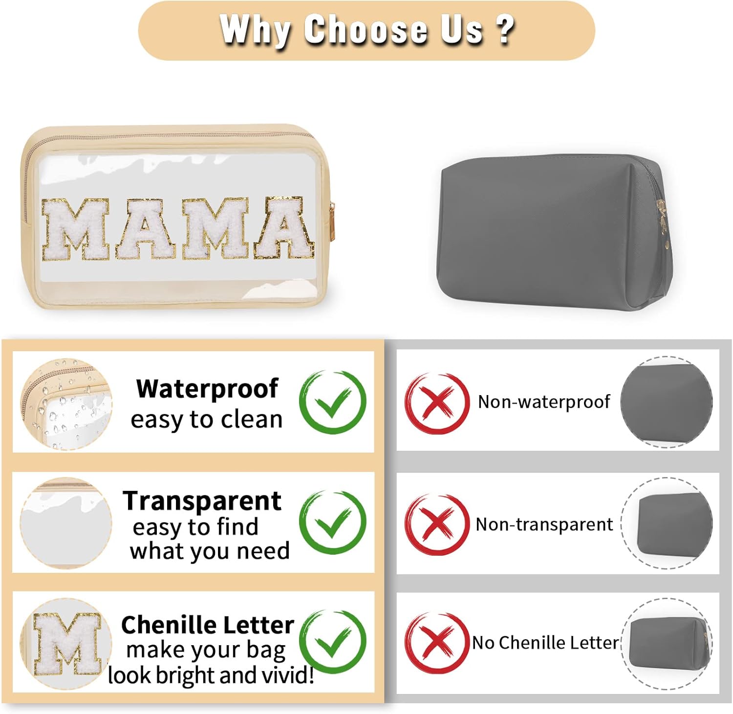 Chenille Letter Clear Makeup Bags Mama Pouch, Preppy Patch Makeup Bag with Zipper, Transparent PVC & Nylon Waterproof Portable Glitter Cosmetic Bag Travel Toiletry Storage for Women Girls(MAMA-Beige) - Image 4