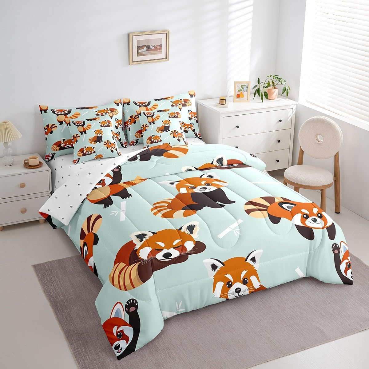 Erosebridal 7 Pcs Red Panda Bedding Set Twin Comforter Set for Kids Boys Girls,Kawaii Wild Animal Print Bed in a Bag,Cartoon Cute Safari Animal Flat Fitted Sheet,Leaves Plant Bedding Comforter Sets