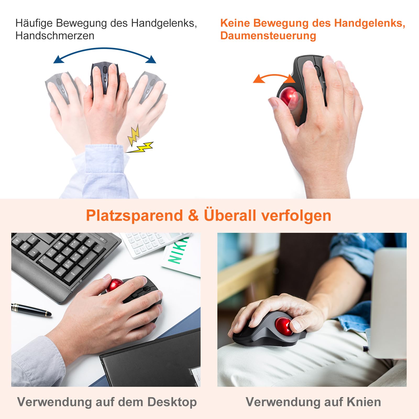 SANWA Trackball Maus mit Kabel, Leise Klik Mäuse, 600/800/1200/1600 DPI, USB-A & Type-C Anschluss, Vorbeugung Mausarm Tennisarm RSI, 34mm Ball Daumenkontrolle, Kompatibel mit Winows, Mac, PC, Schwarz
