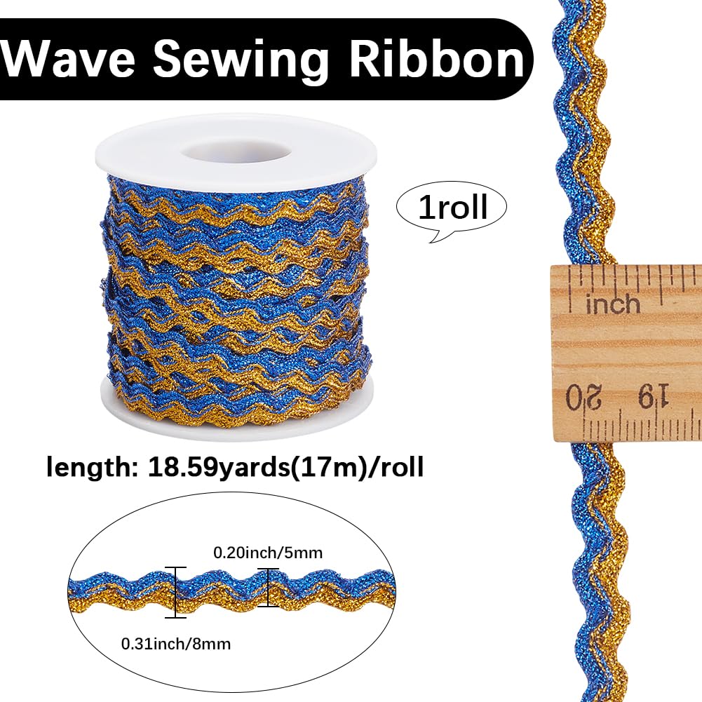 GORGECRAFT Metallic Rick Rack Trim 17m x 7mm Two Tone Wavy Bending Ribbon Royal Blue Gold Ric Rac Fringe Trim Wave Webbing Zig Zag Lace Edging Braid Ribbon for Cloth Sewing DIY Crafts Gift Wrapping - Image 2
