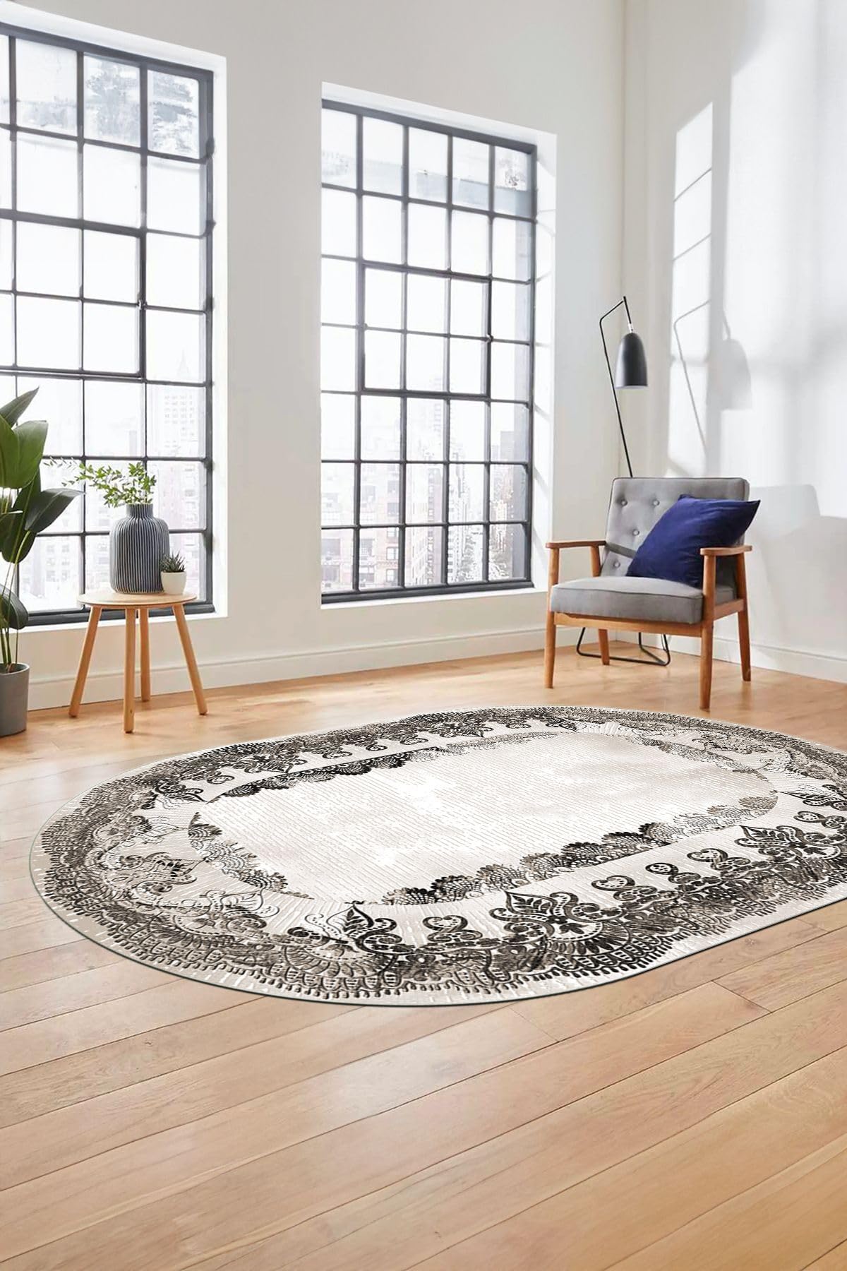 Evdeya Baskılı Kaymaz Yıkanabilir Renkli Klasik Desen Oval Yolluk Salon Halısı O-KLASİK-08, Vizon, 40 x 60
