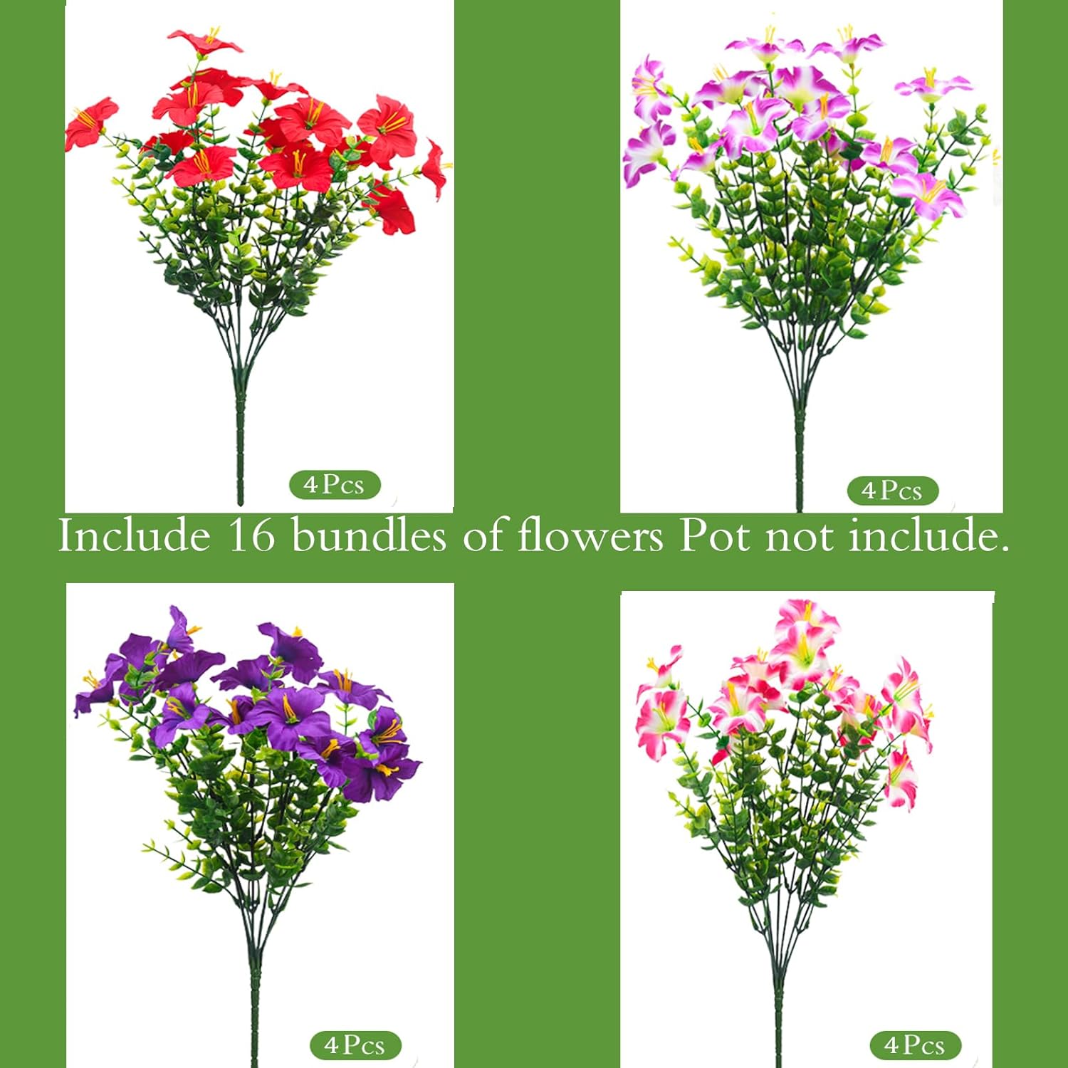 Artificial Flowers for Outdoors Fake Plants Outside, 16 Bundles Silk Morning Glory with Eucalyptus, UV Resistant Realistic Faux Flowers for Planters Porch Patio Garden Balcony Decor (4 Color)