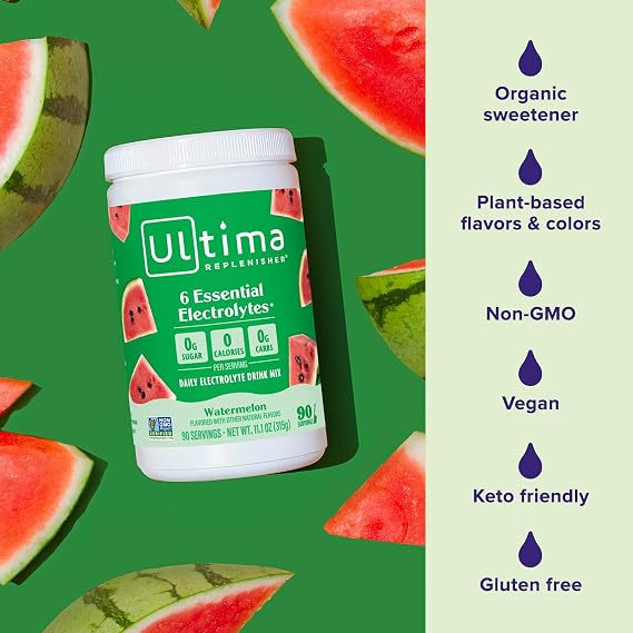 Ultima Replenisher Daily Electrolyte Powder Drink Mix, 90-Serving Canister | Zero Sugar Watermelon Hydration Powder with 6 Electrolytes & Minerals - Sugar Free, Plant-Based & Keto Friendly