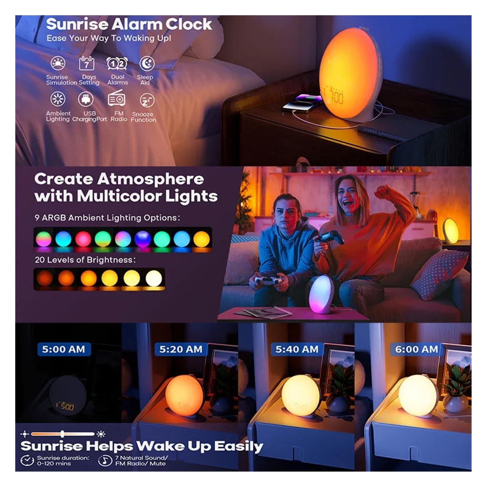Lornetka Budzik Wake Up Light Sunrise z lampką nocną, radiem FM i naturalnymi dźwiękami, zegarem biurkowym dla osób śpiących głęboko, pomoc w zasypianiu w sypialni,do obserwacji ptaków