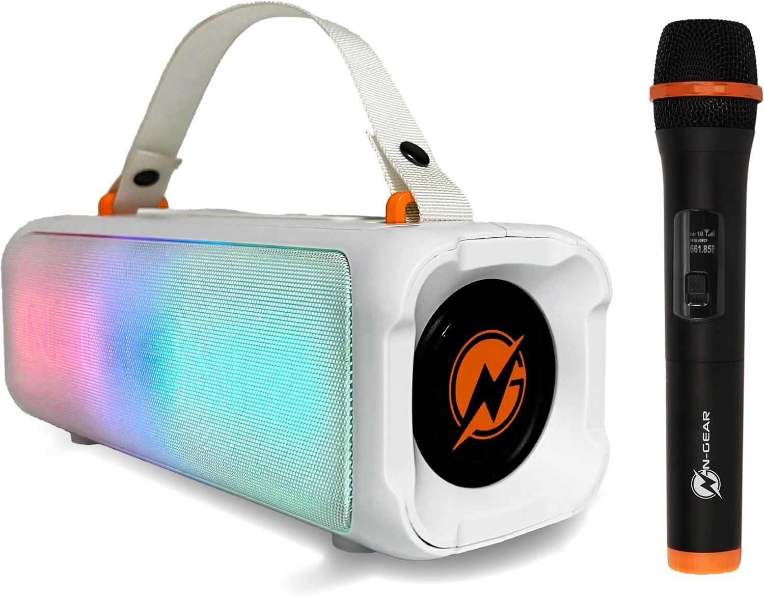 N-Gear Blazooka 703 White Cassa Bluetooth Karaoke 100 W con Luci LED | 100 W, Bluetooth, batteria fino a 5 ore, microfono wireless, luci RGB, USB e AUX, peso 738 g, design portatile bianco