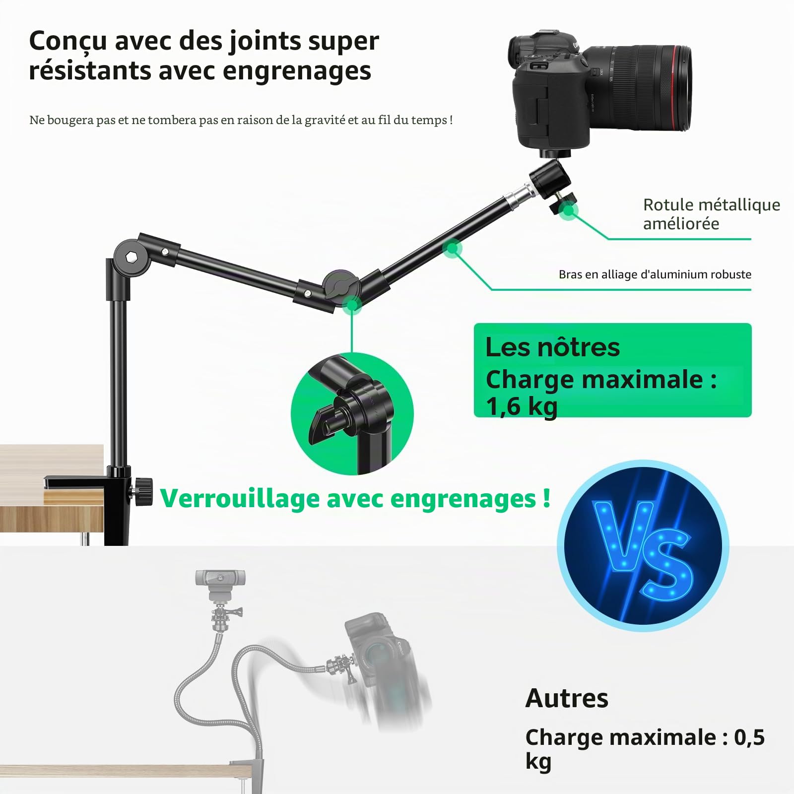 KDD Support Webcam avec Support Téléphone & Vis 5/8” 22" Support Videoprojecteur Flexible, Pied Micro de Bureau Col de Cygne pour Logitech C922 C615 Brio 4K GoPro Hero Blue Yeti Snowball Ice, etc.
