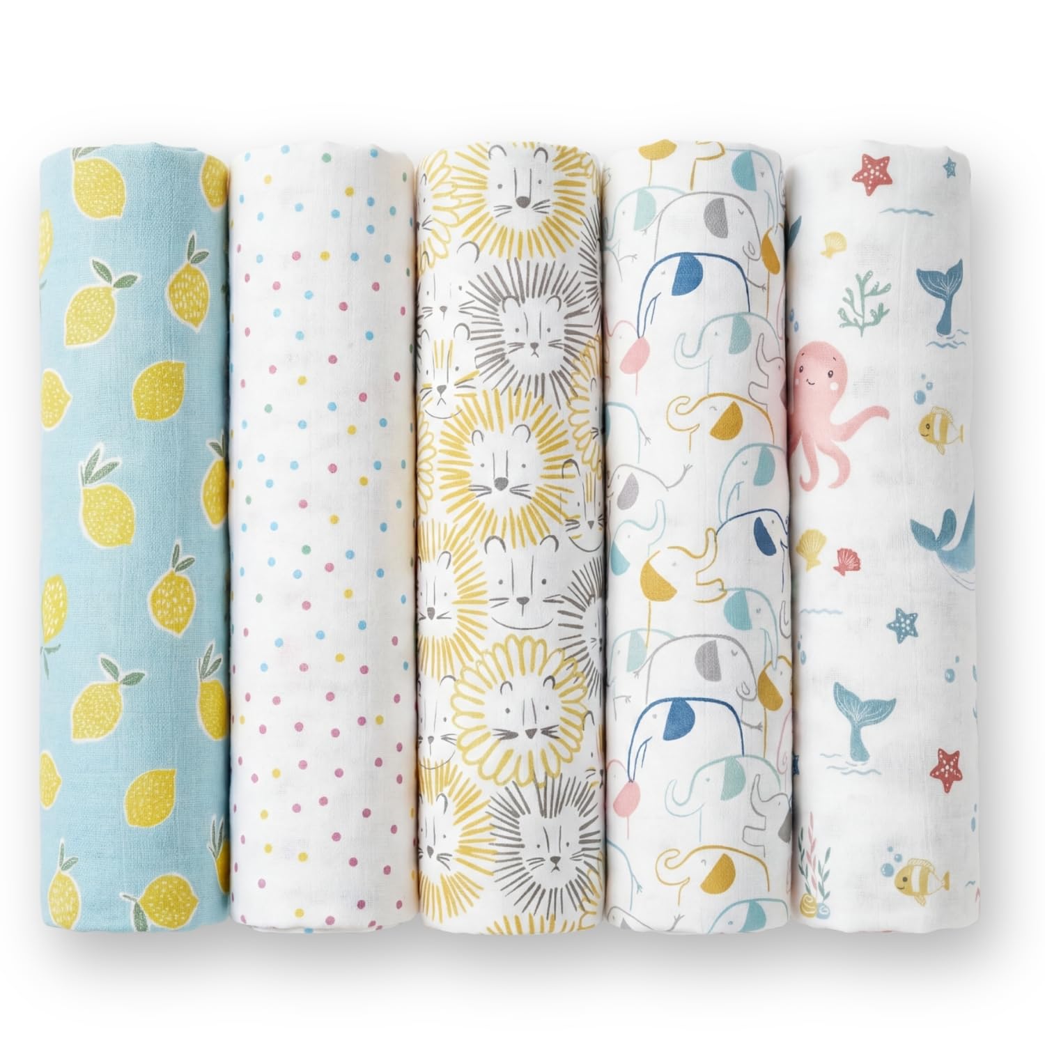 Haus and Kinder 100% Cotton Muslin Swaddles Wrap for Newborn Baby - Soft Swaddle Cloth for New Born, Muslin Baby Swaddle Wrap for New Born, New Born Swaddle, 100x100 cm, Pack of 5, (Adorable Design)