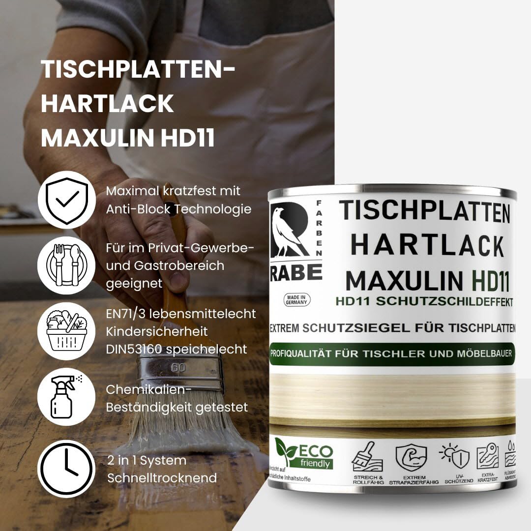 RABE Hartlack Seidenmatt MAXULIN HD11 für Tischplatten Thekenlack Holzlack Klarlack farblos Möbel Lack Eiche uvm (Farblos, 2,5 Liter)