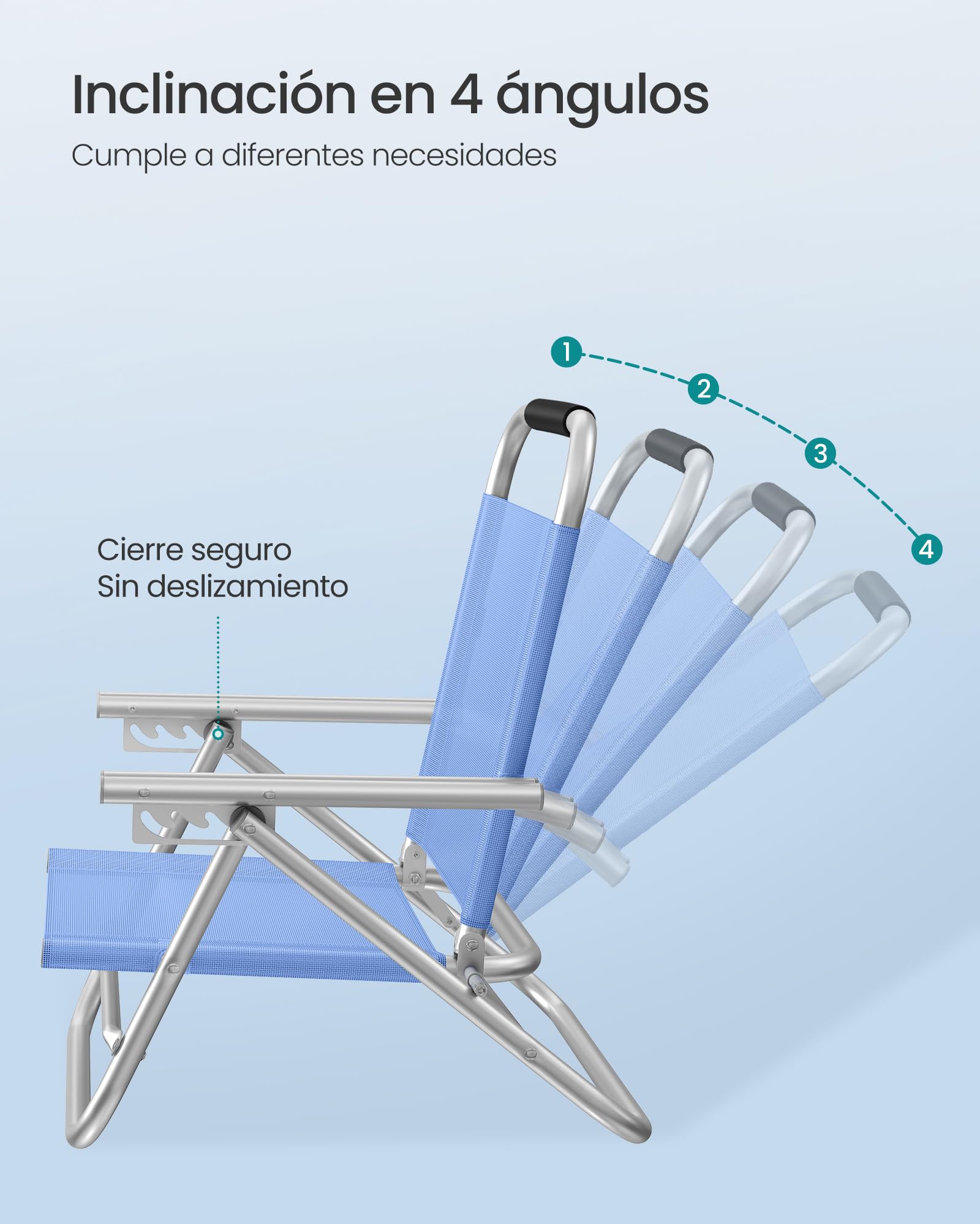 SONGMICS Silla de Playa, Plegable, Portátil, Respaldo Ajustable en 4 Niveles, con Reposabrazos, Transpirable y Cómoda, Taburete de Exterior, Azul GCB65BU