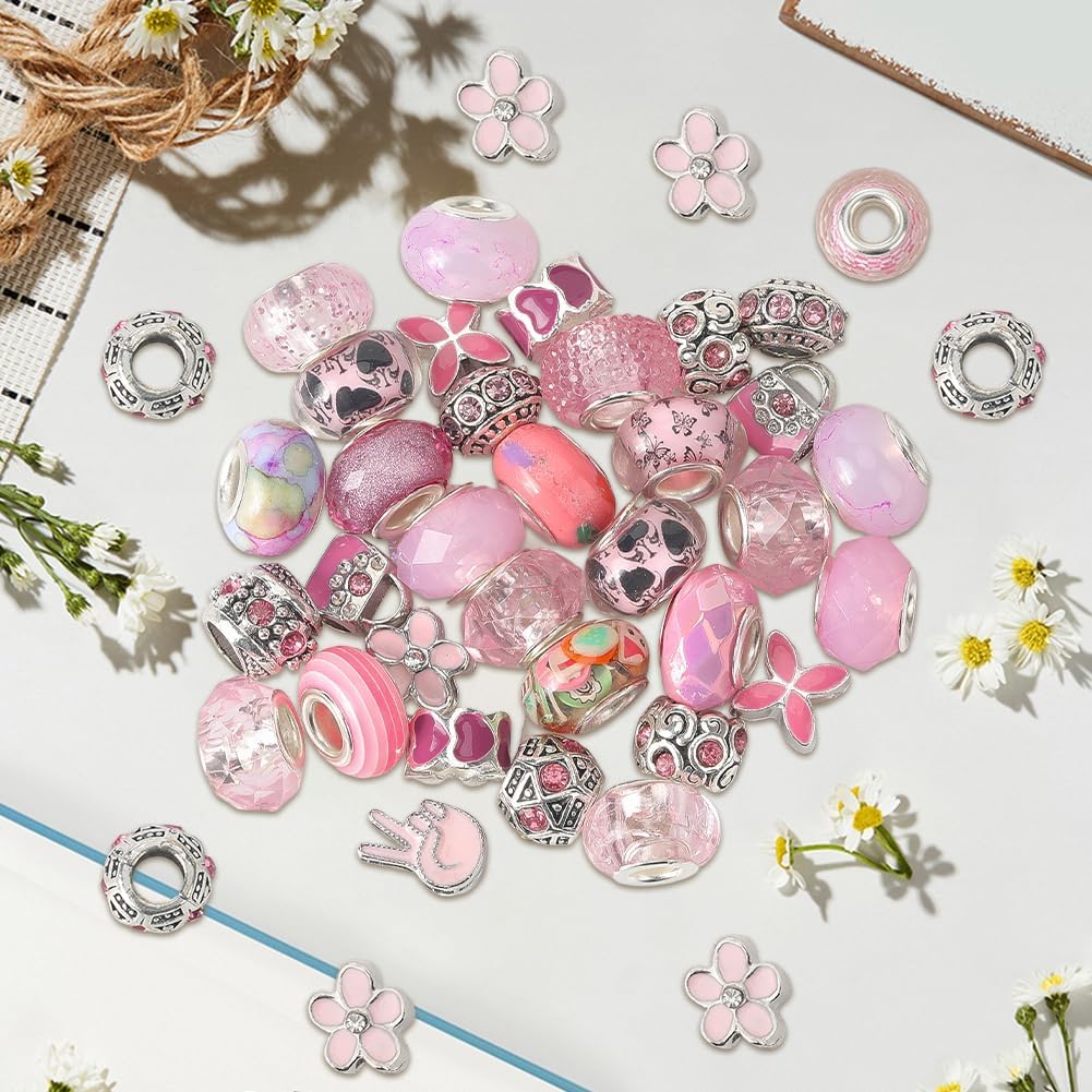SUNNYCLUE 1 Box 50Pcs European Beads Bulk Large Hole Spacer Beads Pink Cute Rhinestone Metal Resin Random Flower Round Rondelle Spacer for Jewelry Making Charms Crafts DIY Necklaces Bracelet Supplies - Image 6