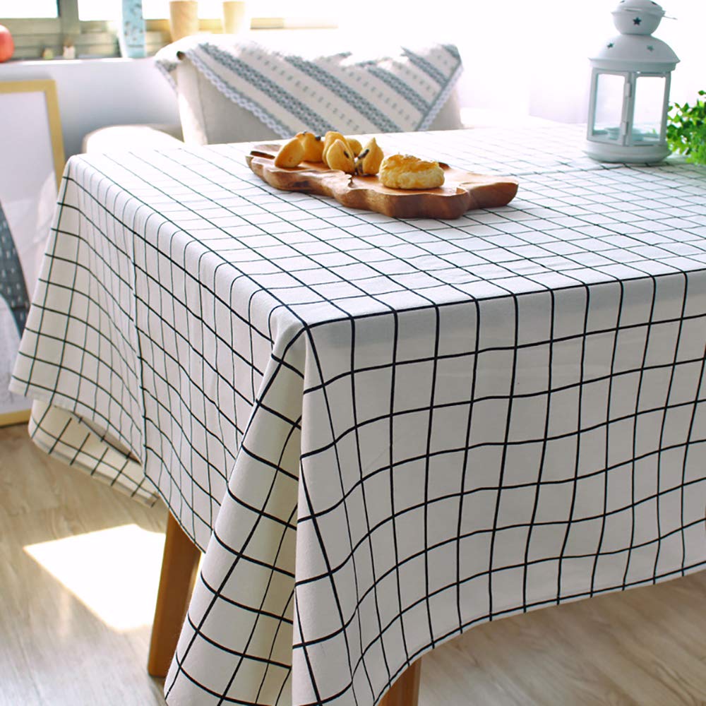 Hodeacc Karierte Tischdecke, Baumwoll-Leinen-Tischdecke, weiß/schwarz, kariert, lichtecht, staubdicht, waschbar, Tischdecke für Küche, Esszimmer, Party, Hochzeit, 140 x 220 cm Küche, Haushalt & Wohnen