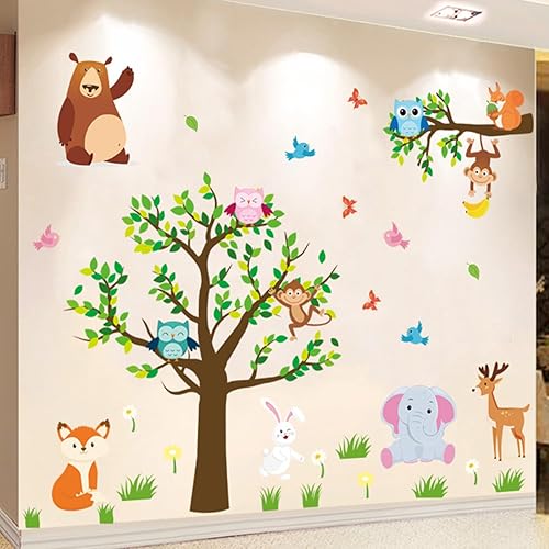Arawat Calcomanías de pared de árbol para dormitorio, zoológico, para sala de estar, decoración de pared de animales para dormitorio, murales de