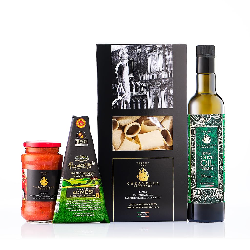 Caravella Italienische Delikatessen - Feinkost Geschenk - Parmigiano Reggiano, Natives Olivenöl Extra, Pasta, Bolognese Sauce - für Sie Ihn Paare Geburtstag Feste Firmen Feinschmecker