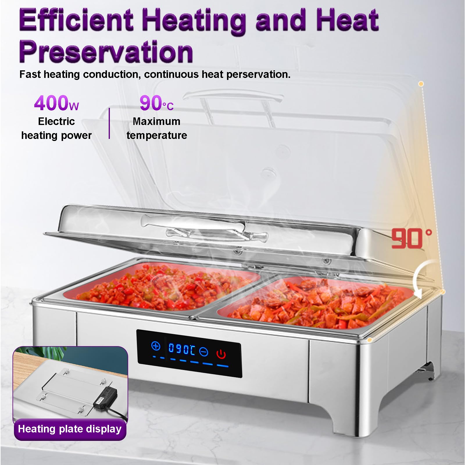 Chafing Dish Elettrico, 9L Scaldavivande Elettrico per Buffet Acciaio Inox, Contenitore Scalda Cibo Professionale Temperatura Regolabile per Buffet, Feste e Banchetti(B,1/3 Pan)