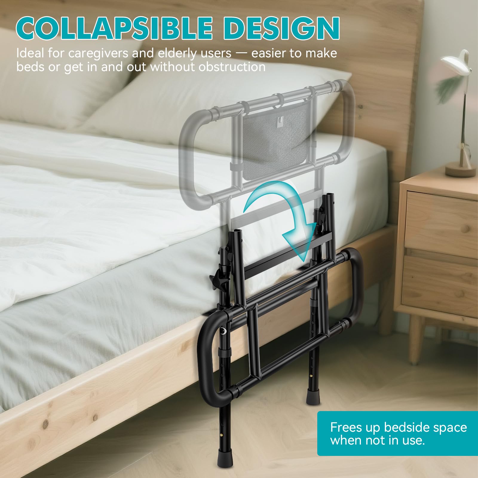 FORTEMOTUS Sponde Letto Anziani, Barriera Letto con Regolabile Sponde Ribaltabile, Borsa, Anticaduta y Supporto per Alzarsi dal Letto per Adulti, Disabili (Spessore Materasso 15-40 cm)