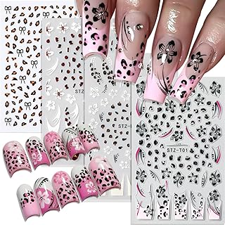 Flower Nail Stickers,8 Sheets Hibiscus Nail Decals 3D Self-Adhesive Leopard Snake Print Floral Nail Supplies Manicure Accessories for Nails Design Women Girls Fall Nail Art Decorations