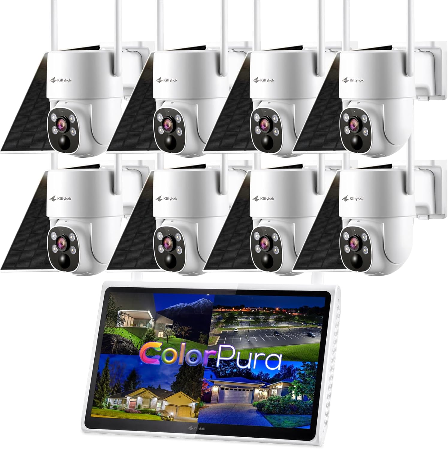 Kittyhok Outdoor Solar Security Camera System Wireless, 8pcs 2K Solar PTZ Security Camera, Pro Color Night Vision, Human Detection, 360 Viewing, 10CH NVR, Local Storage, KSBL40T4 Bundle with BLY4