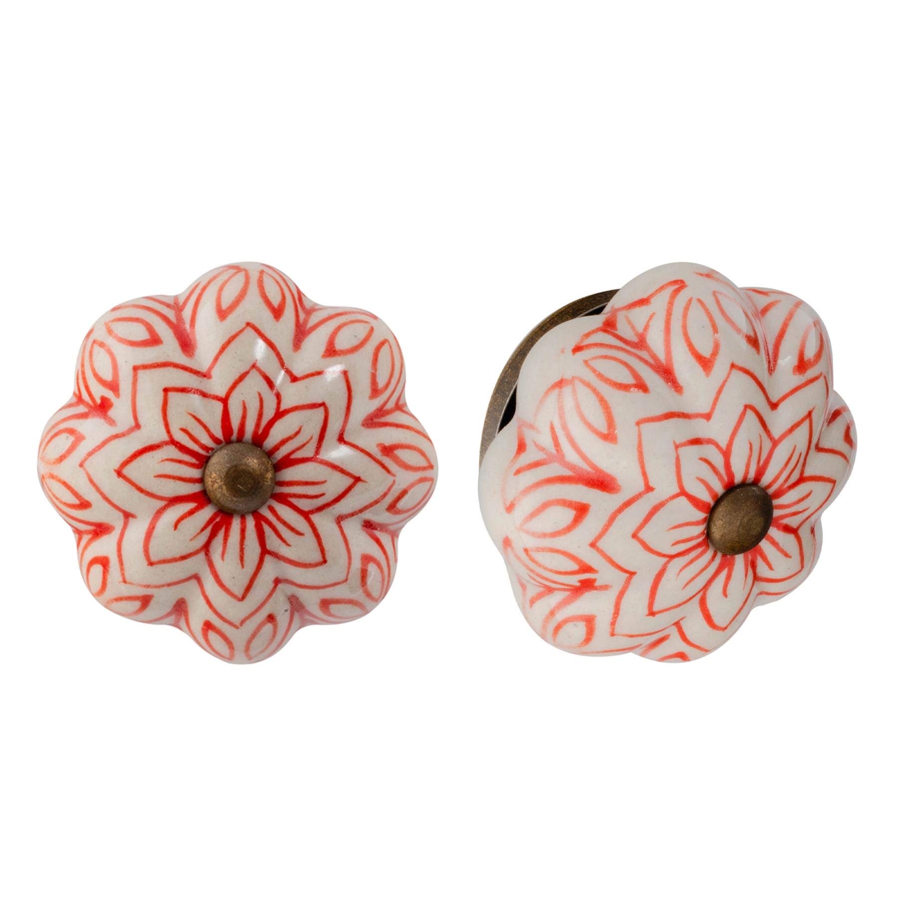 Nicola Spring Ceramic Cupboard Drawer Handle Knobs - Vintage Flower Design - Red - Pack of 12