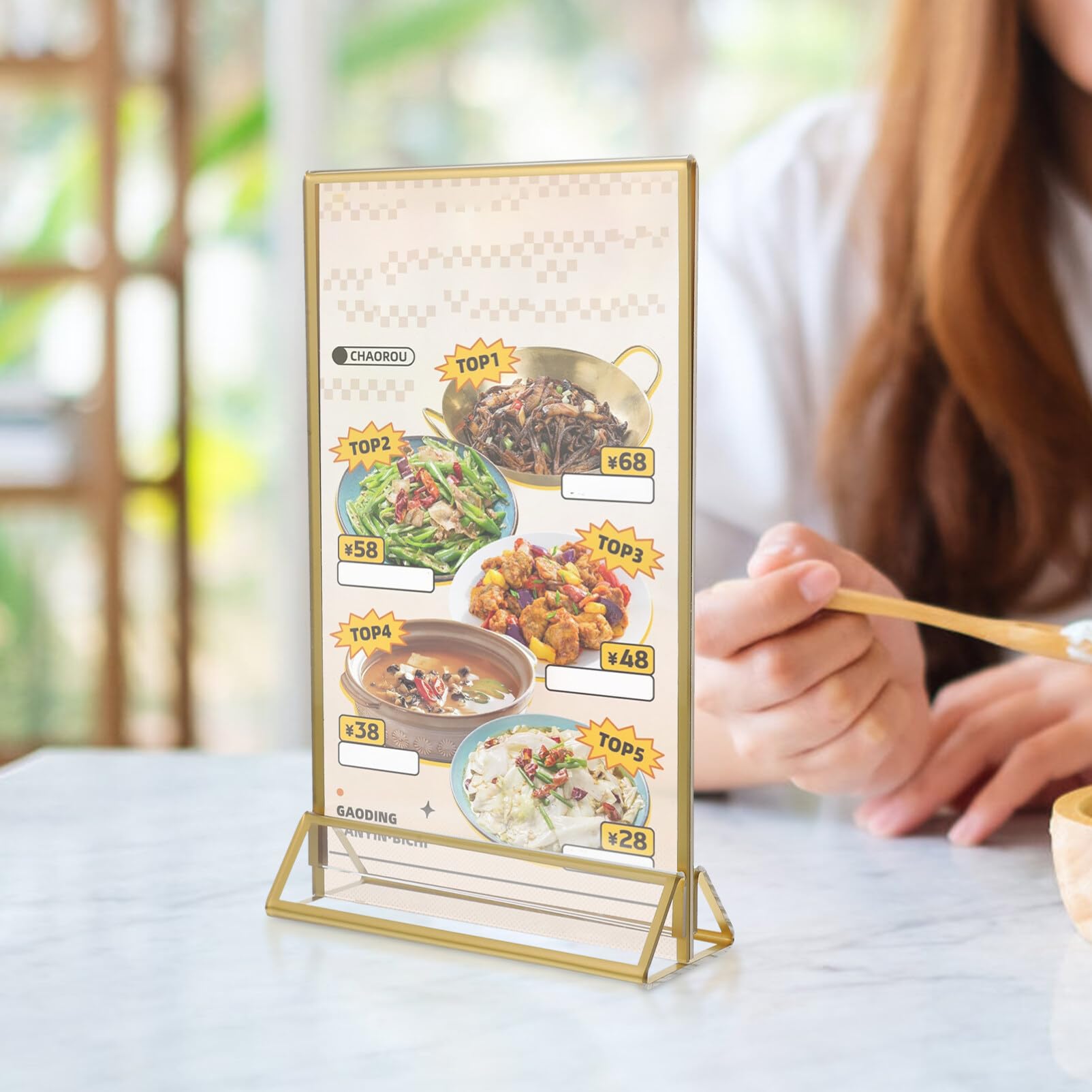 Porta Menú Acrílico Dorado de Doble Cara 6 Piezas para Mesa | Expositor de Carteles, para Centros Comerciales y Supermercados, Fácil de Llevar y Guardar