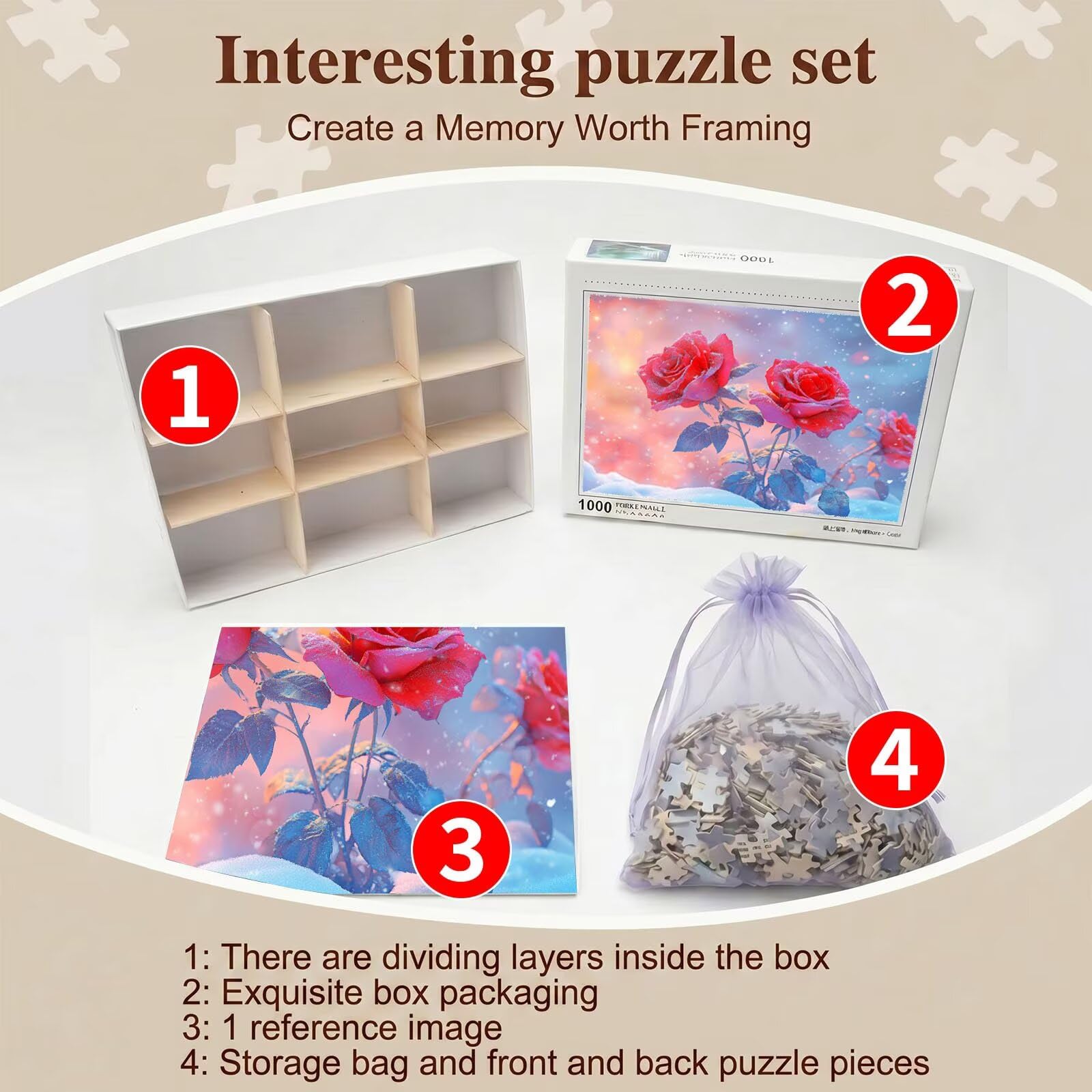 rose Nevicare Puzzle 1500 Pezzi per Adulti, Puzzle in Legno - Collezione Classica con Poster Incluso - Sfida di Concentrazione e Passatempo Antistress, Gioco Educativo per Famiglia, 87 x 57 cm f0-734