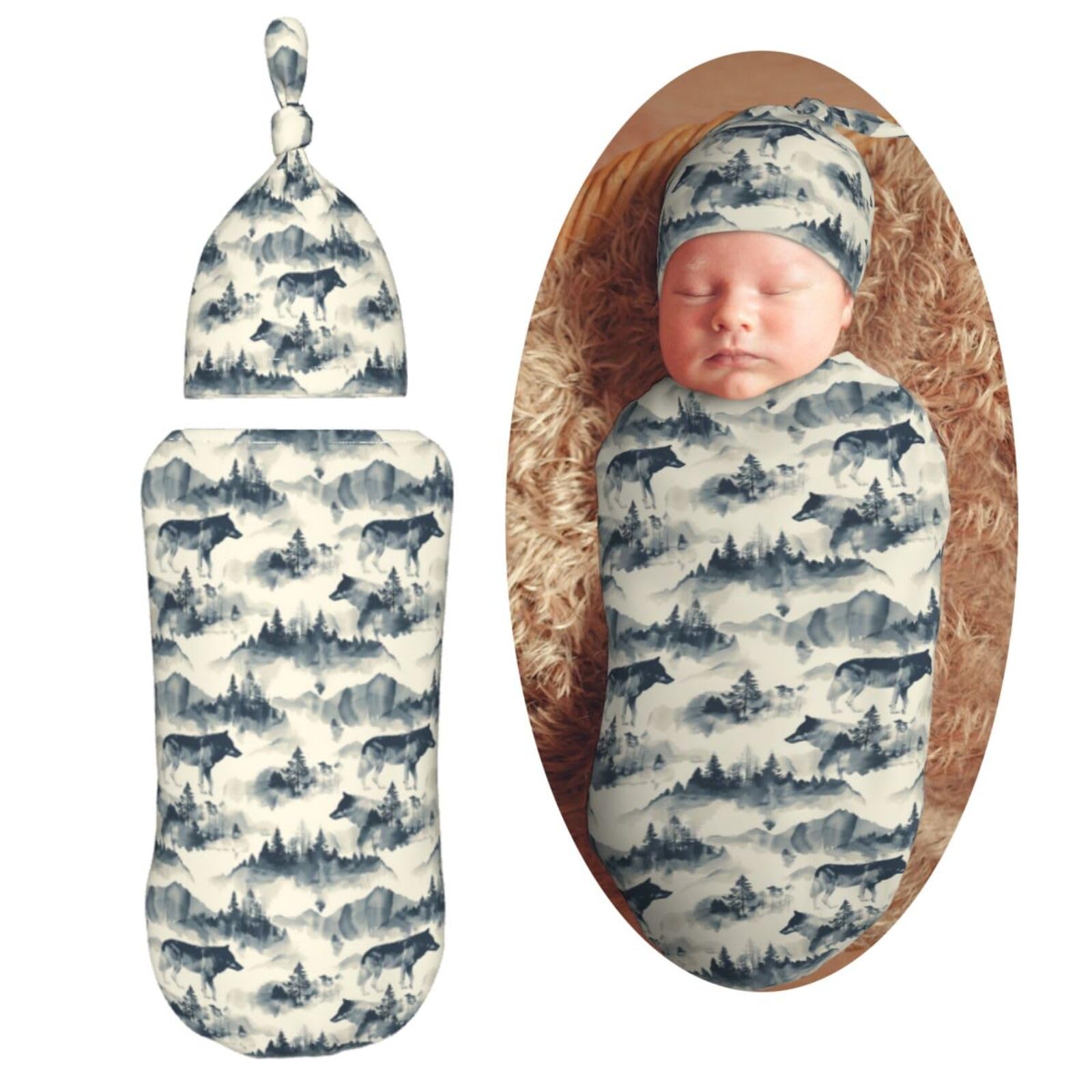 Wolf and Mountain Newborn Swaddle Blankets Hat Sets Soft Baby Receiving Blanket Swaddle Sack for Baby Shower Infant Boy Girl Gift