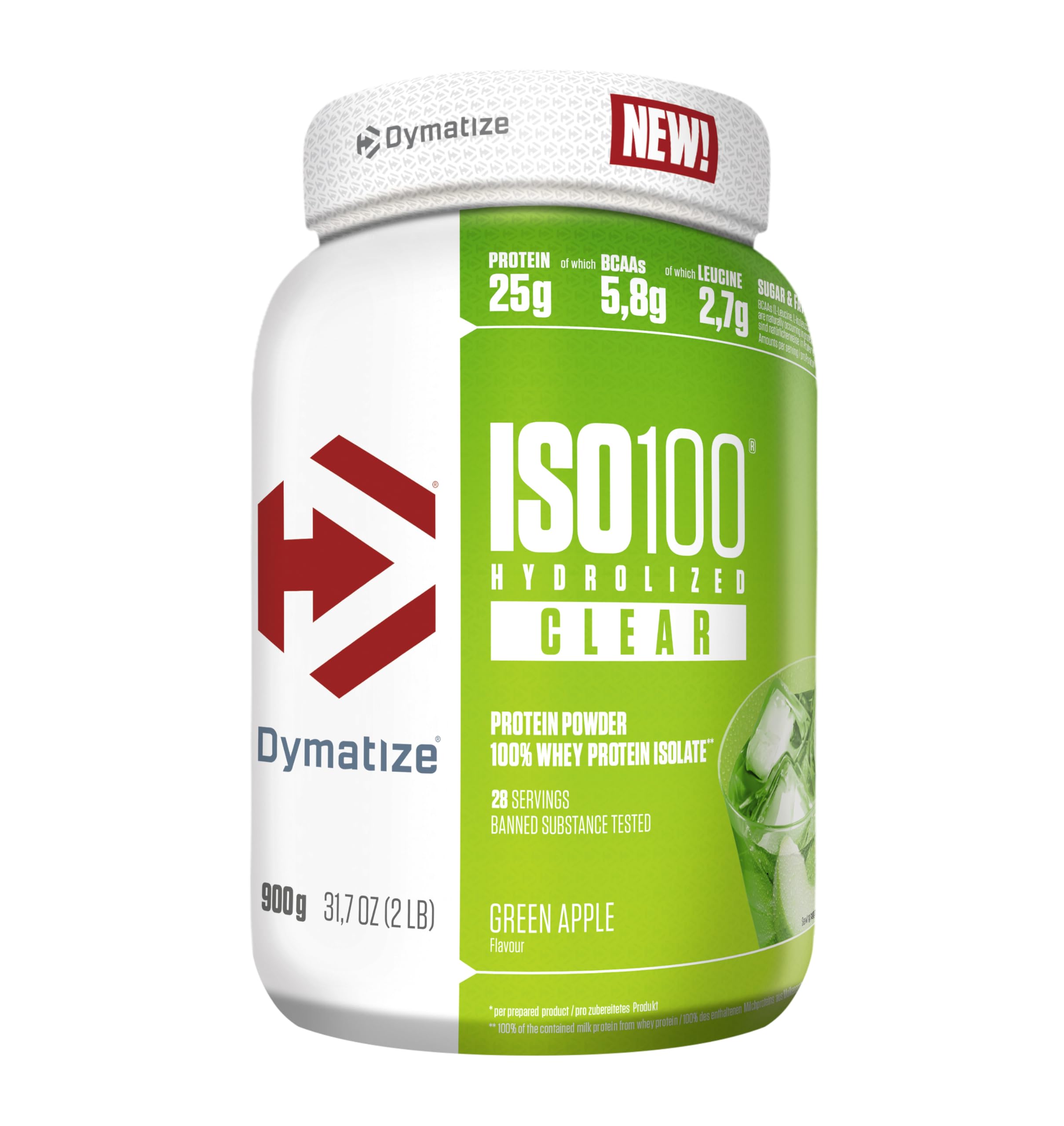 Dymatize ISO 100 Hydrolyzed Clear Green Apple 900g Proteine ​​del siero di latte chiare in polvere idrolizzate e isolate