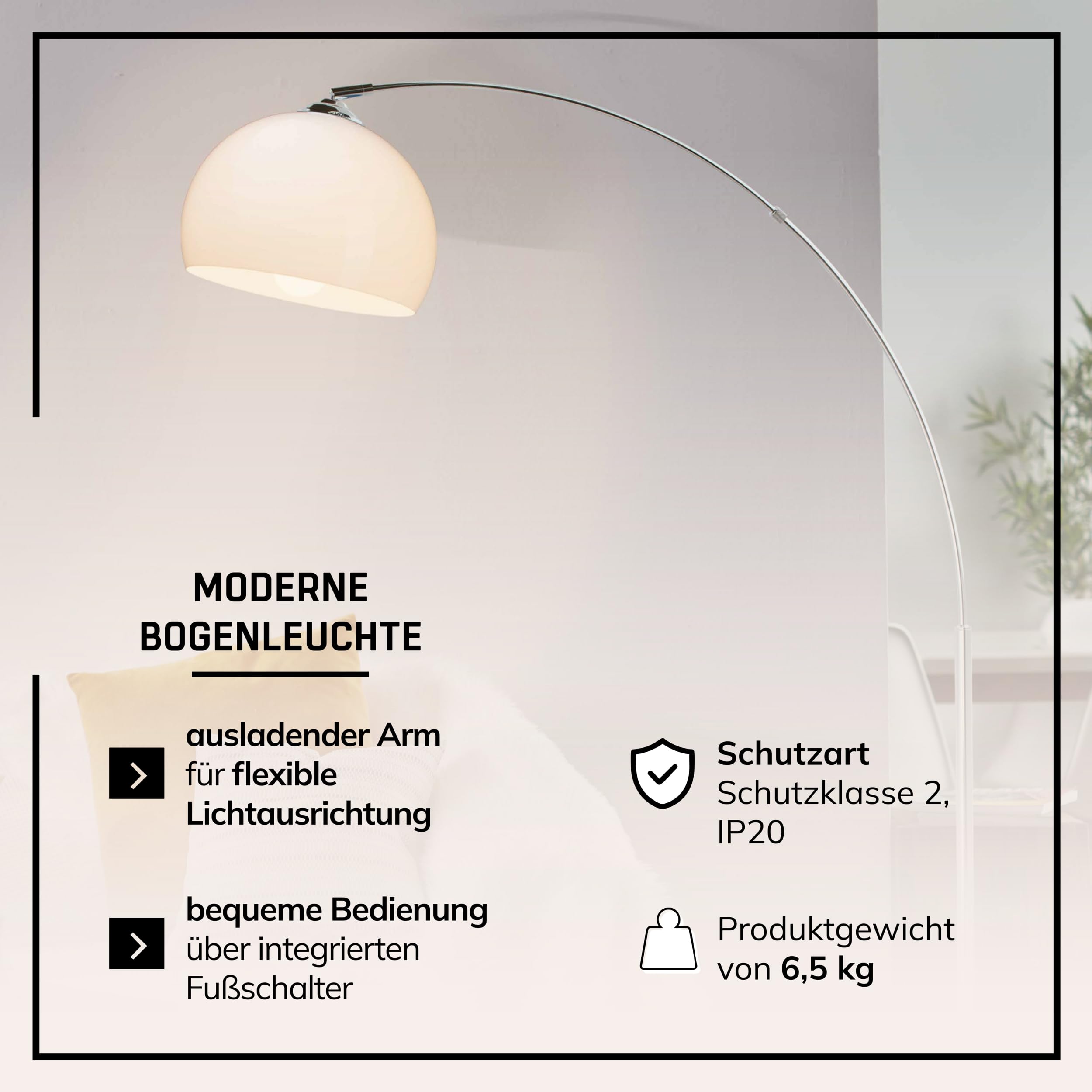 Lightbox Bogenlampe 166 cm, Chrom & Weiß, schwenkbare Lampe