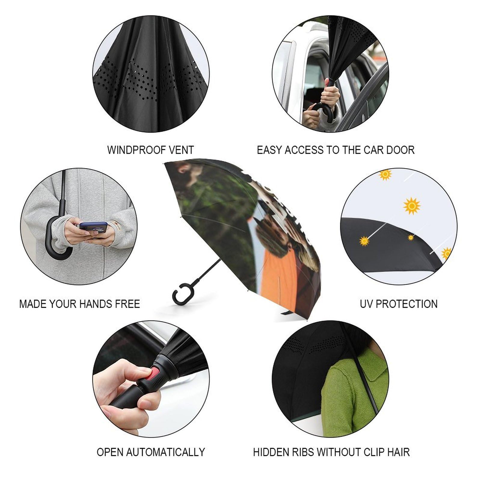 personalizados PARAGUAS grande invertido,Gran Paraguas Plegable con Apertura Automática, a Prueba de Viento, Parasol Anti-UV, construcción de doble capa, mango en forma de C, para mujeres y hombres