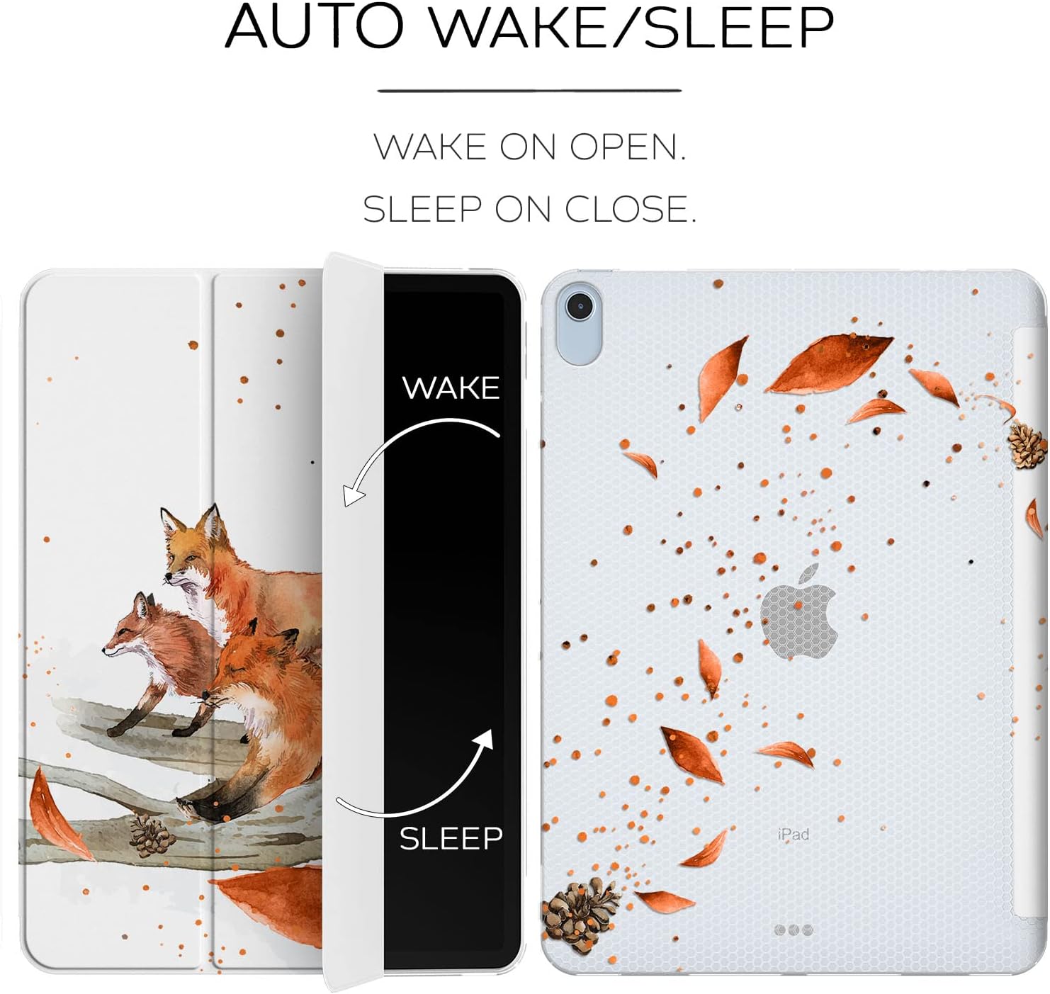 Case Compatible with iPad A16 11 inch 2025 2024 Pro 13 M3 M2 12.9 10.9 10.2 Air 5 10th 9th 8th Gen Mini 7 6 Autumn Fir Cones Forest Fallen Leaves Red Foxes Flip Woodland Animals Auto Wake/Sleep