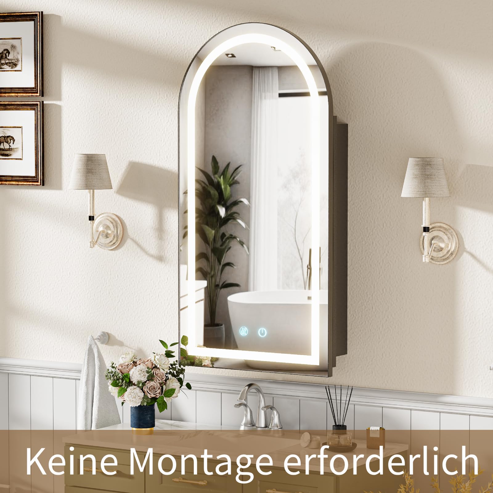 Specchio Contenitore Bagno con Luce e Antiappannamento Arcuata Metal Armadietto Bagno a Parete con 2 Mensola (Nessun assemblaggio richiesto) Specchio Contenitore Bagno 40x79x12.5 cm