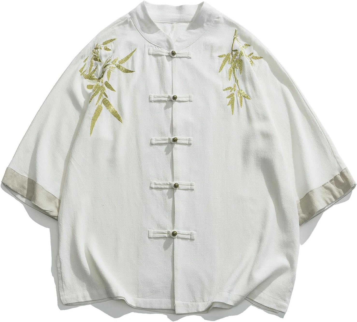 Men's Summer Lightweight Chinese Style Tang Suit Cotton Linen Embroidered Short Sleeve Shirt