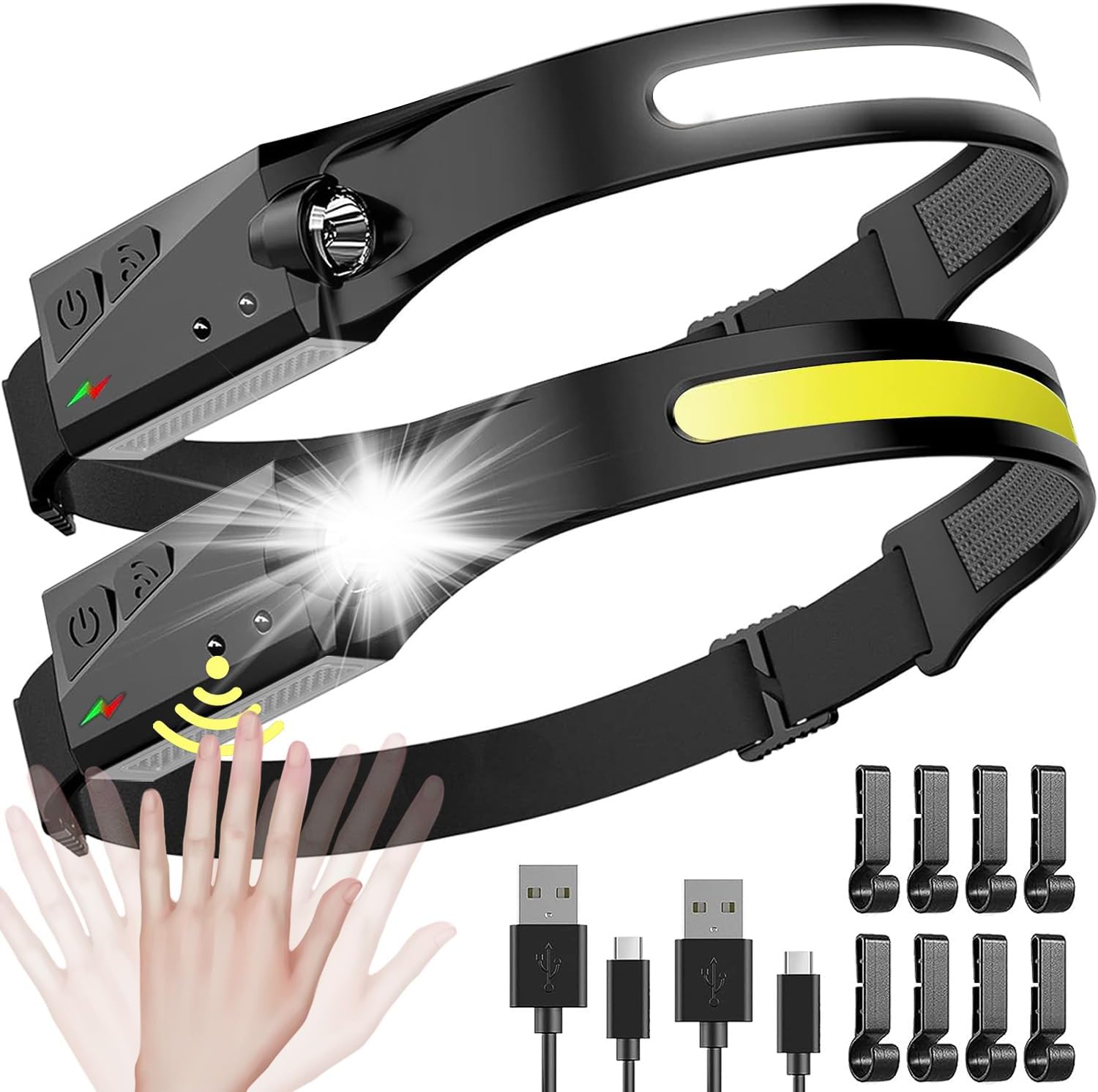 LED Headlamp Rechargeable 2 Pack, 230° Wide Beam Light Buddy Headlight with Motion Sensor, 5 Mode Head Lights Forehead for Work, Hiking, Running, Camping Essentials Gear