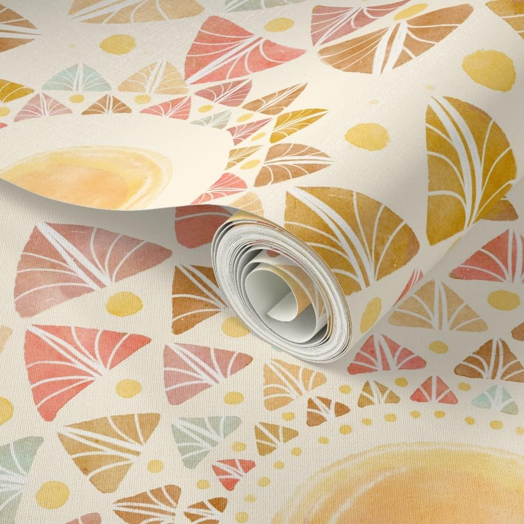 Peel & Stick Wallpaper 3ft x 2ft - Watercolor Sunshine Leaves Retro Geometric Happy Sun Colorful Summer Custom Removable Wallpaper by Spoonflower
