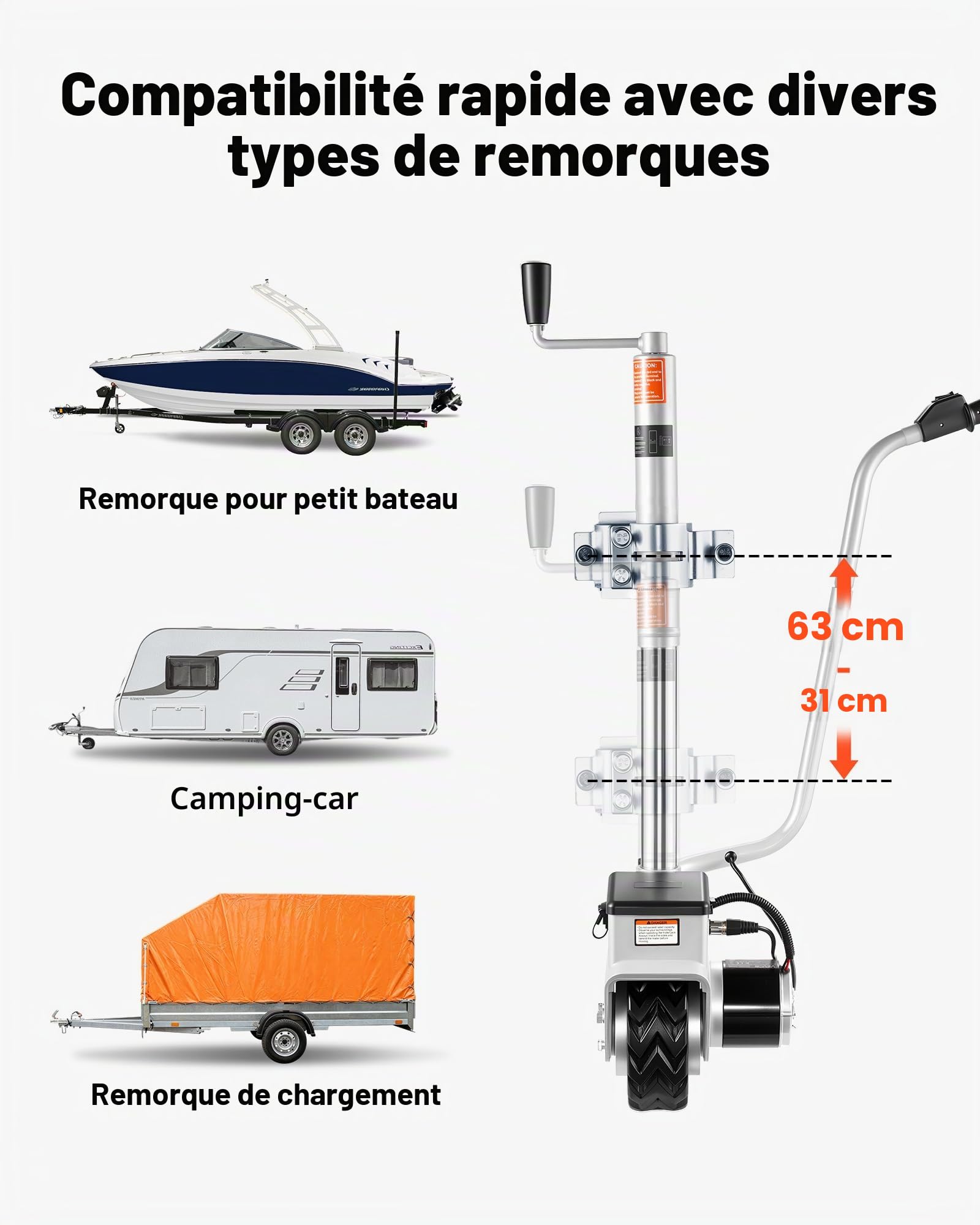VEVOR Roue Jockey Remorque Électrique Motorisée 2,5 t Déplace Remorque 380 W 12 V Vitesse Déplacement 7 m/Min Hauteur Serrage Réglable 31-63 cm Pneu Caoutchouc 20,3 cm pour Déplacer Caravanes Bateaux