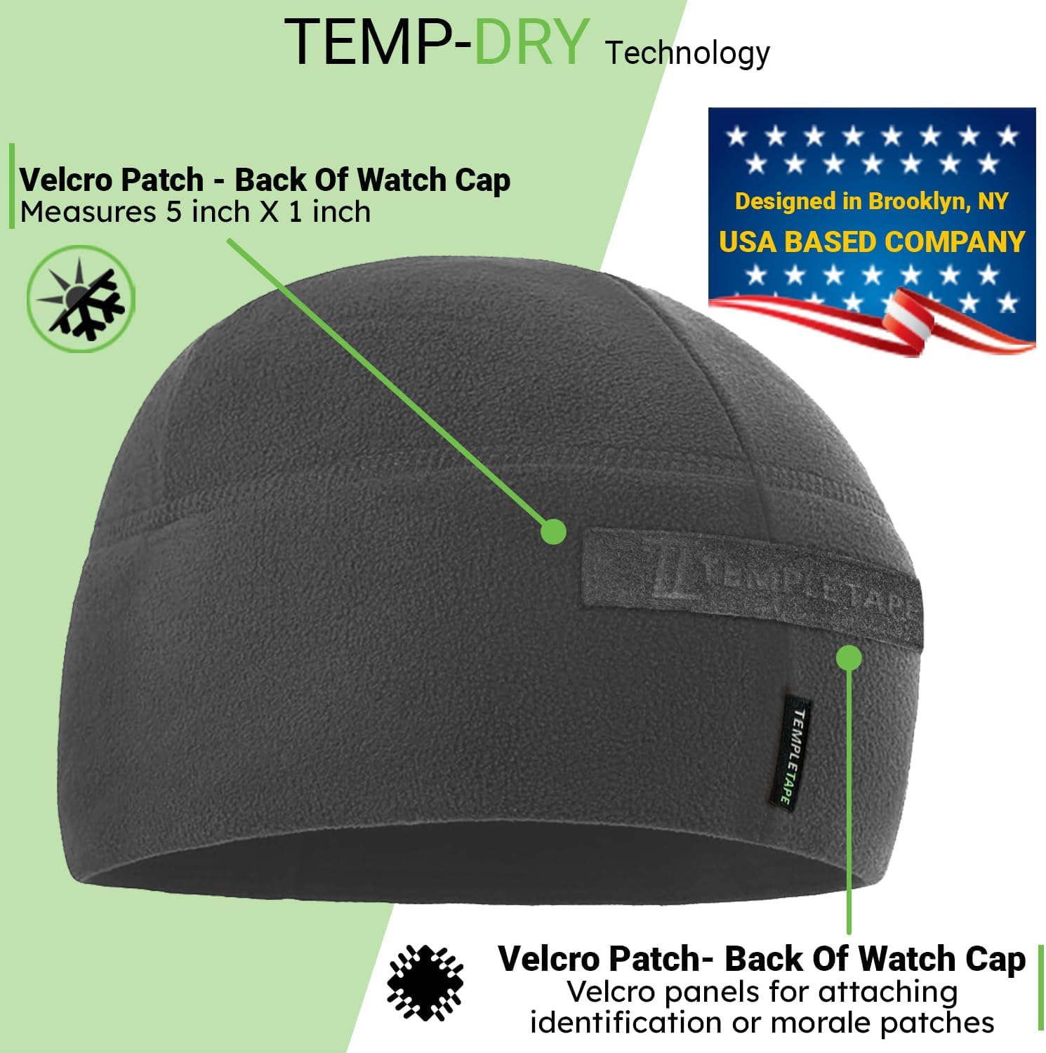 Temple Tape Tactical Beanie Hat - Front & Back Patch Panel - Multi Season Military Hats for Men - Mens Patch Army Beanies - Image 3