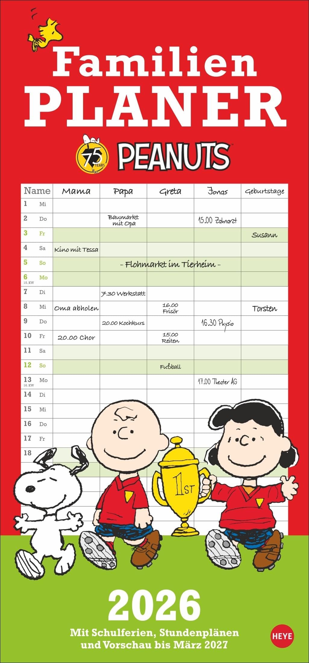 Peanuts Familienplaner 2026: Kalender für Familien mit 5 Spalten. Humorvoll illustrierter Familien-Wandkalender mit Snoopy, Charlie Brown und Co.