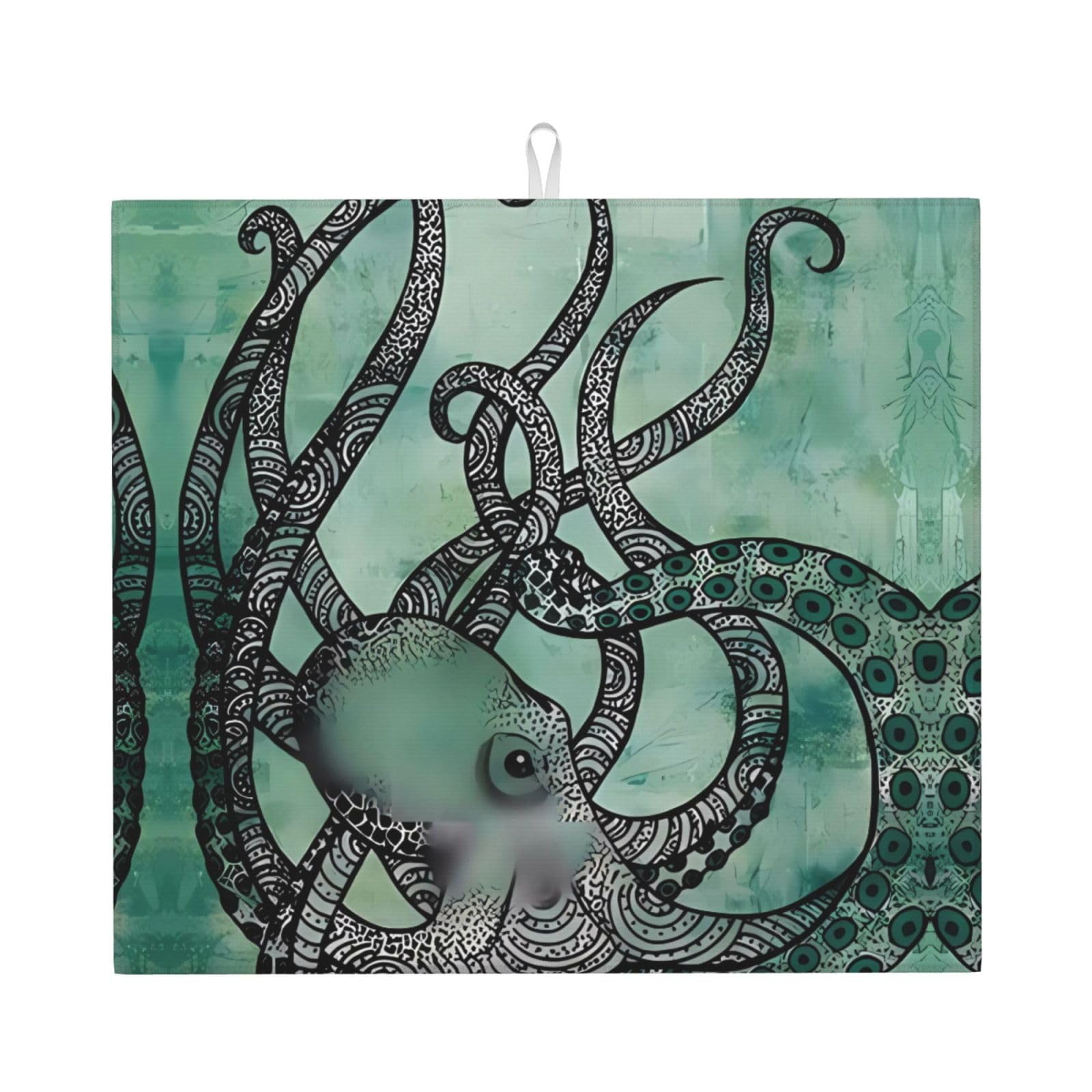WHJSSF Green Octopus Prints Kitchen Drying Mat - Absorbent Dish Drying Throw with Colorful Prints, Quick-Dry Countertop Layer for Dishes & Appliances - Non-Slip & Foldable