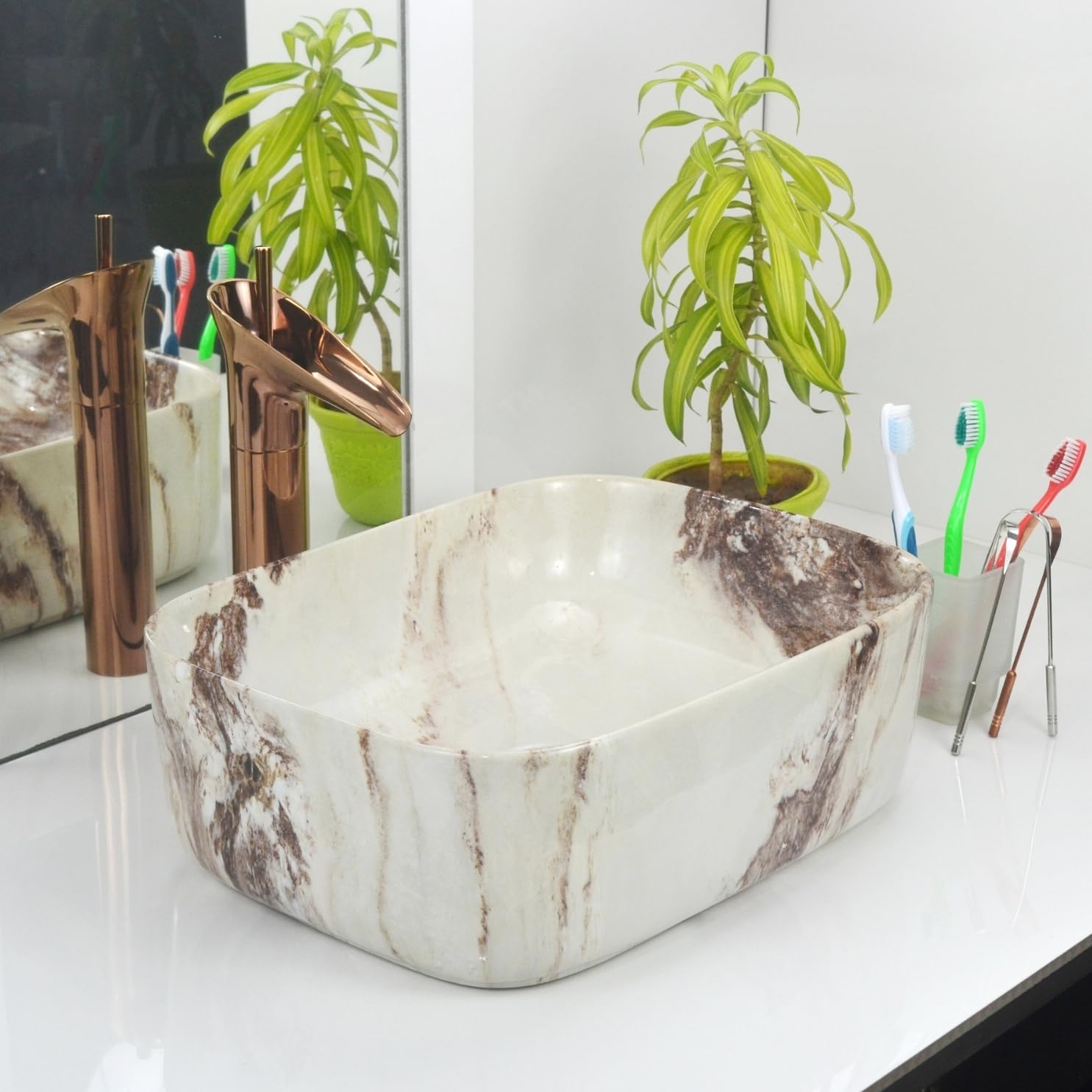 Reyal Marble Wash Basin - Ivory Gold Vessel Sink -22