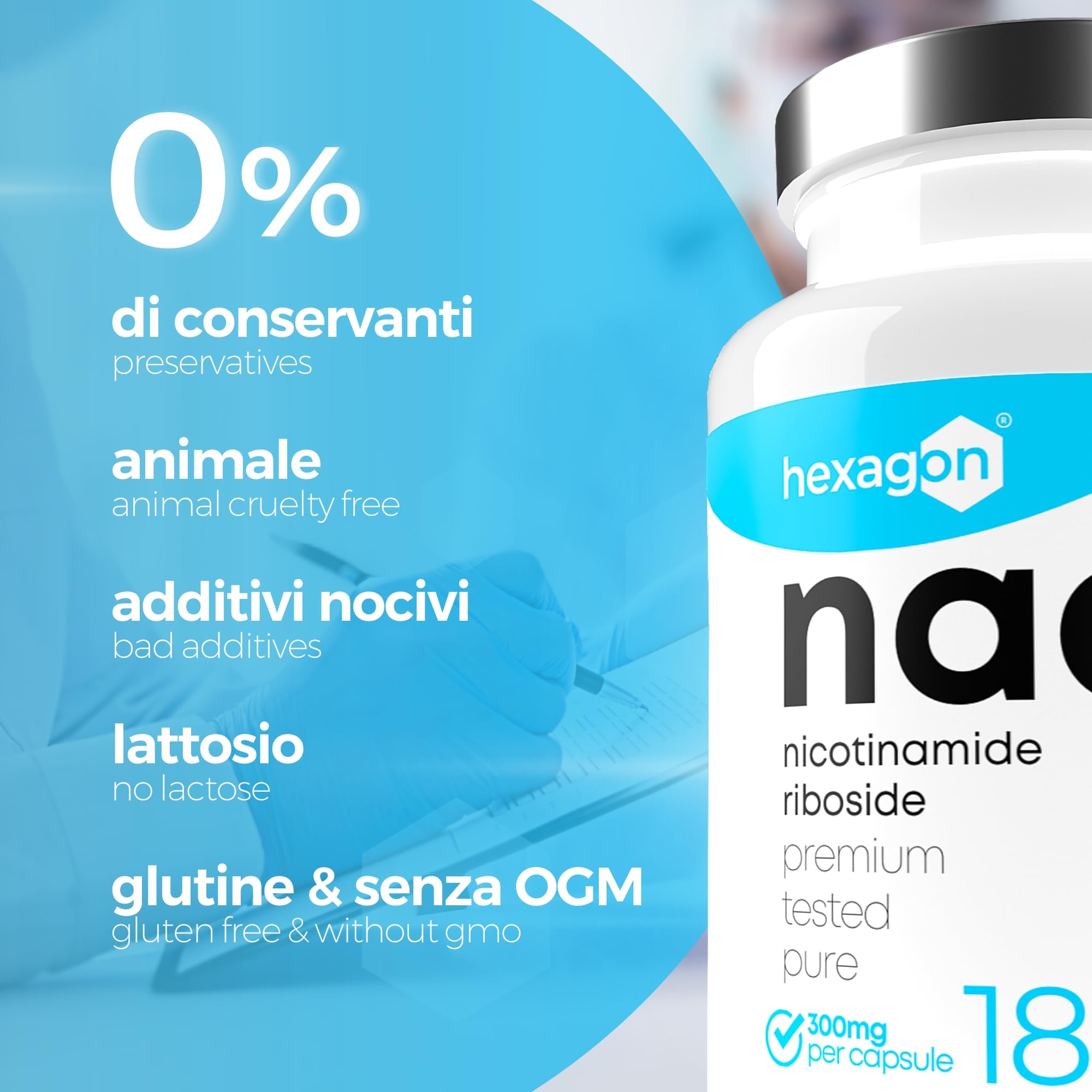 NAD+ Nicotinamide Riboside Chloride 300mg - +6 Mesi di Cura - NAD Booster - Anti-Età e Contro la Fatica, Supporto Nervoso - 180 Capsule Vegetali - Vegan & Premium - Hexagon