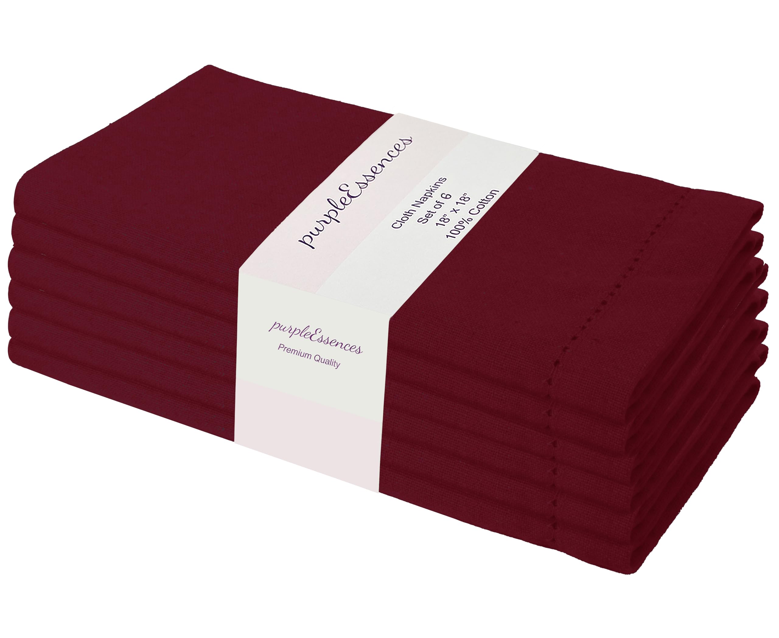 PurpleEssences Set of 6 Hemstitch Cloth Dinner Napkins 100% Cotton - Soft Durable Washable - Ideal for Wedding Spring Summer - Perfect Everyday Use Table Linen 18x18 - Burgundy