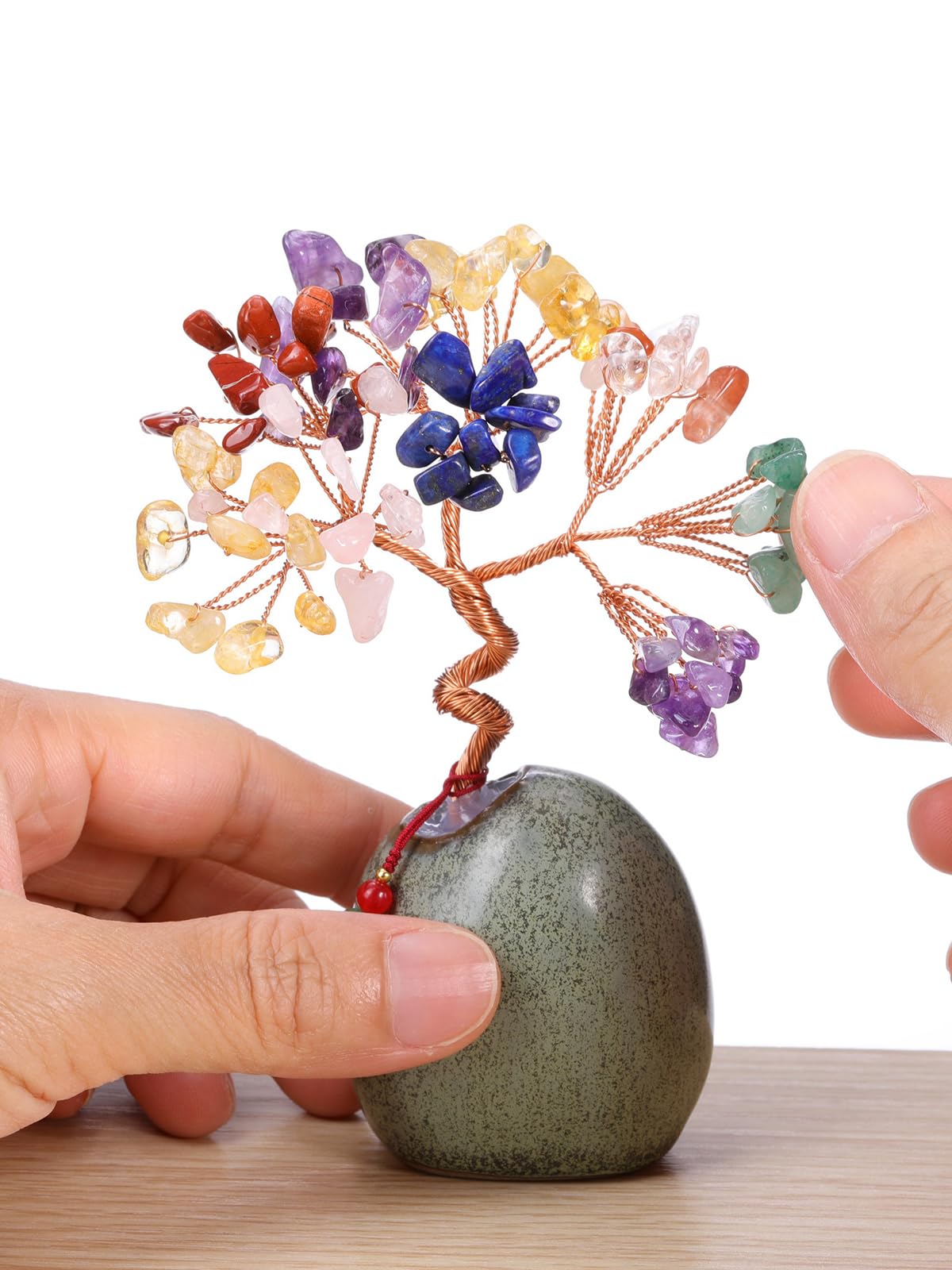 Jovivi Arbre de Vie Pierre Naturelle 12-13cm Base en Céramique Cristal FengShui Décoration Table