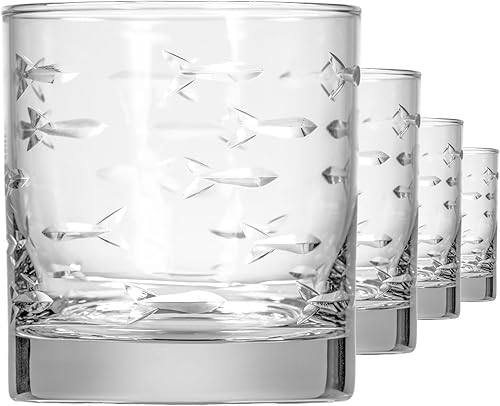 Miniatura 18 de Rolf Glass School of Fish - Vaso de cóctel de whisky doble de 13 onzas, juego de 2, vasos grabados sin plomo, fabricados en los Estados Unidos