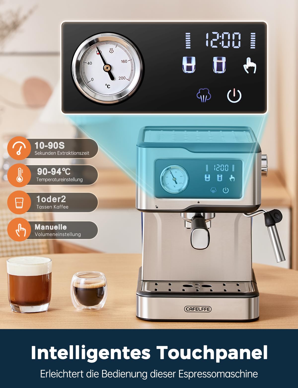 CAFELFFE Cafetera espresso MK-901 con espumador y vaporizador de leche, portafiltro, 20 bares de presión y pantalla táctil LED, ideal para el barista casero o para preparar lattes y cappuccinos.