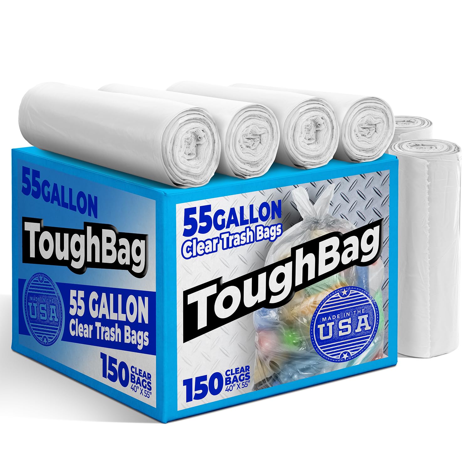 ToughBag Bolsas de basura transparentes resistentes de 55 galones (150 unidades) – Bolsas de basura grandes transparentes de 55 a