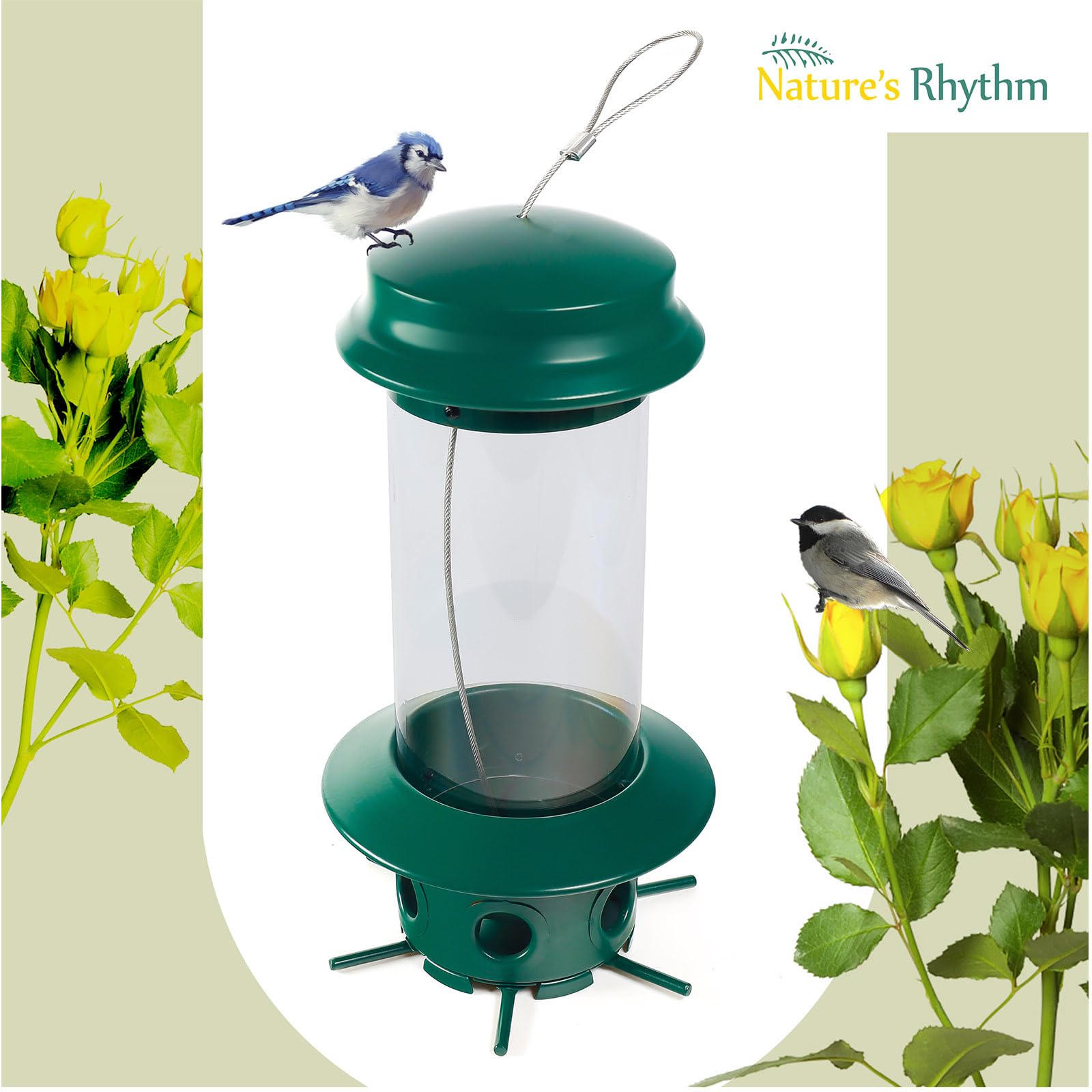 Nature's Rhythm Hängender klassischer Rohr-Futterspender für Wildvögel, Premium-Hartplastik, Stahlaufhänger, wetterfest und wasserabweisend