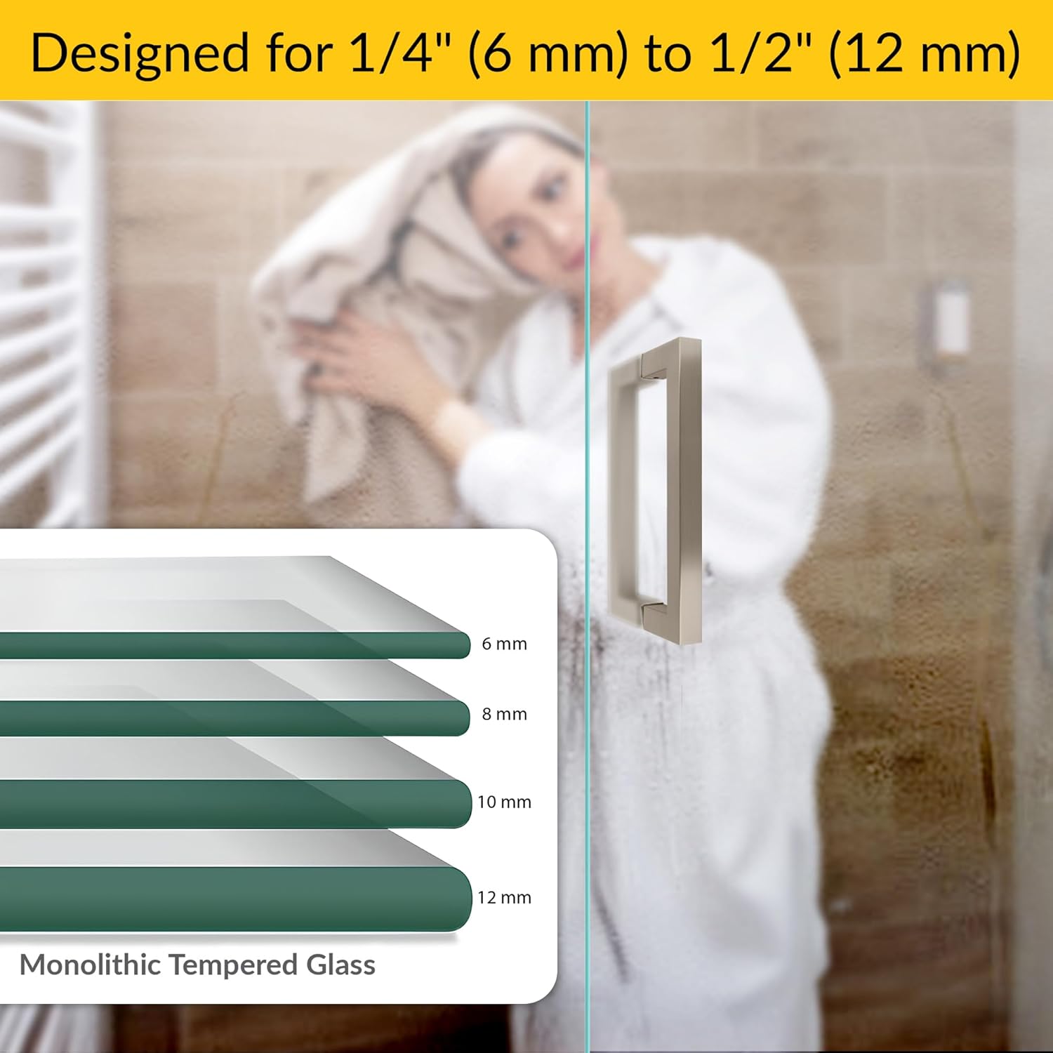 BRIXWELL QH2U-001 Brushed Nickel Square Tubing Shower Handle, Back-to-Back Pull, 8" Center, Fits 1/4" to 1/2" Glass